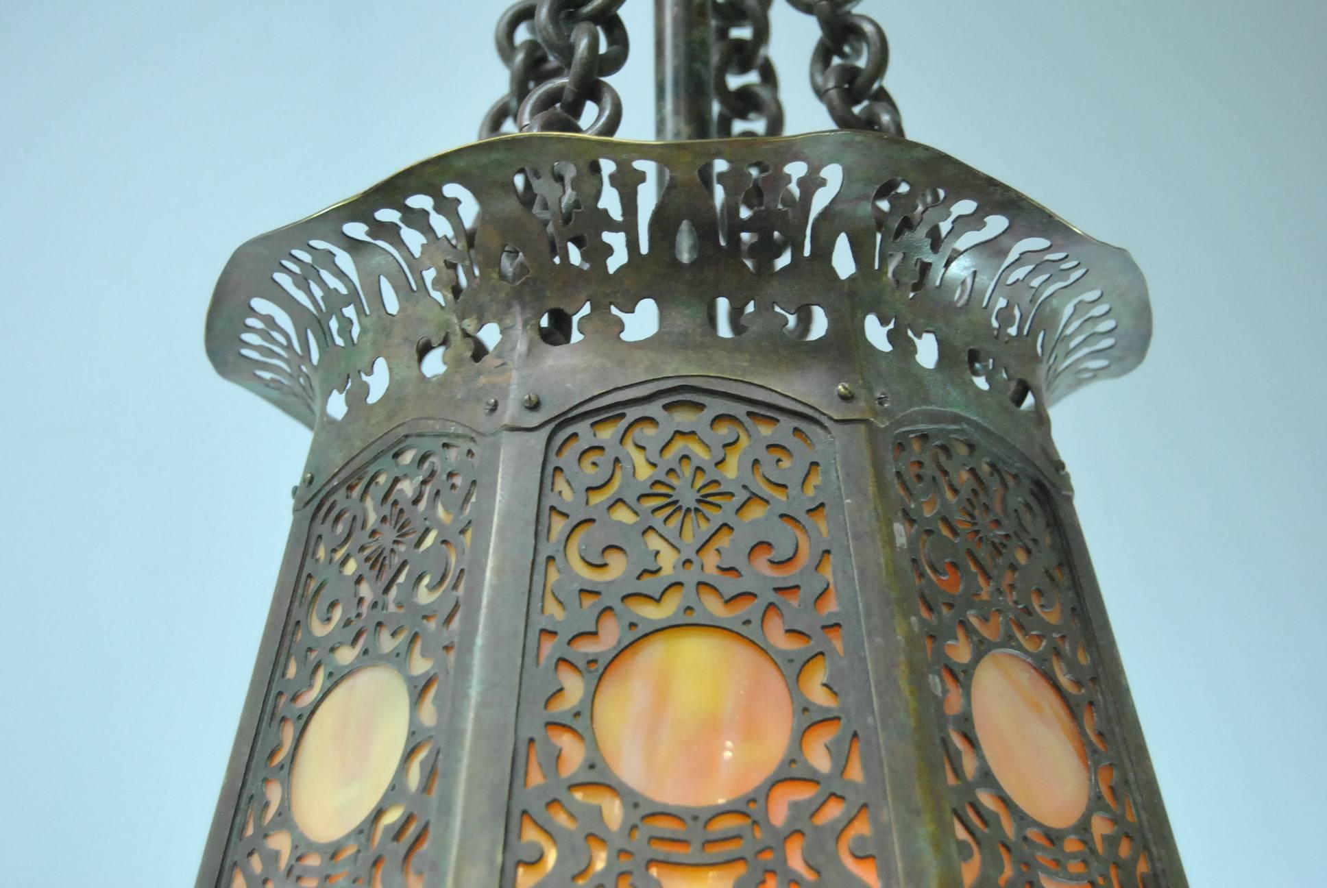 19th Century Moorish Style Lantern Chandelier with Glass Inserts by Tiffany