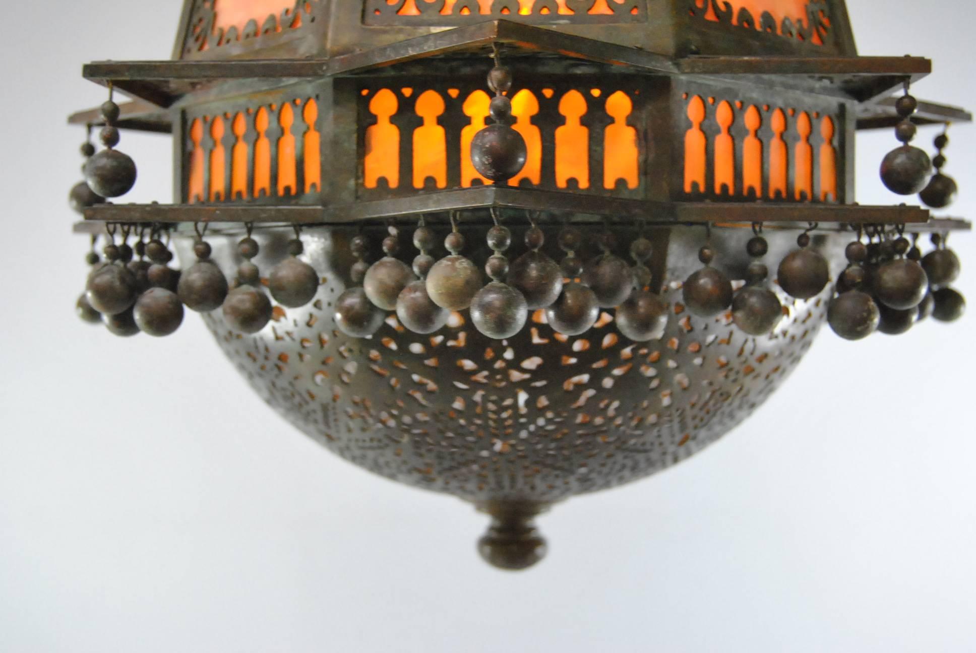 Moorish Style Lantern Chandelier with Glass Inserts by Tiffany 2