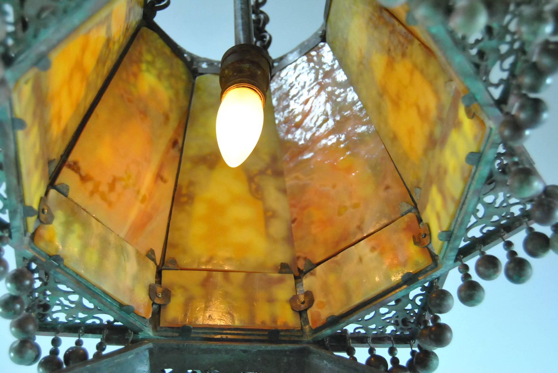 Moorish Style Lantern Chandelier with Glass Inserts by Tiffany 4