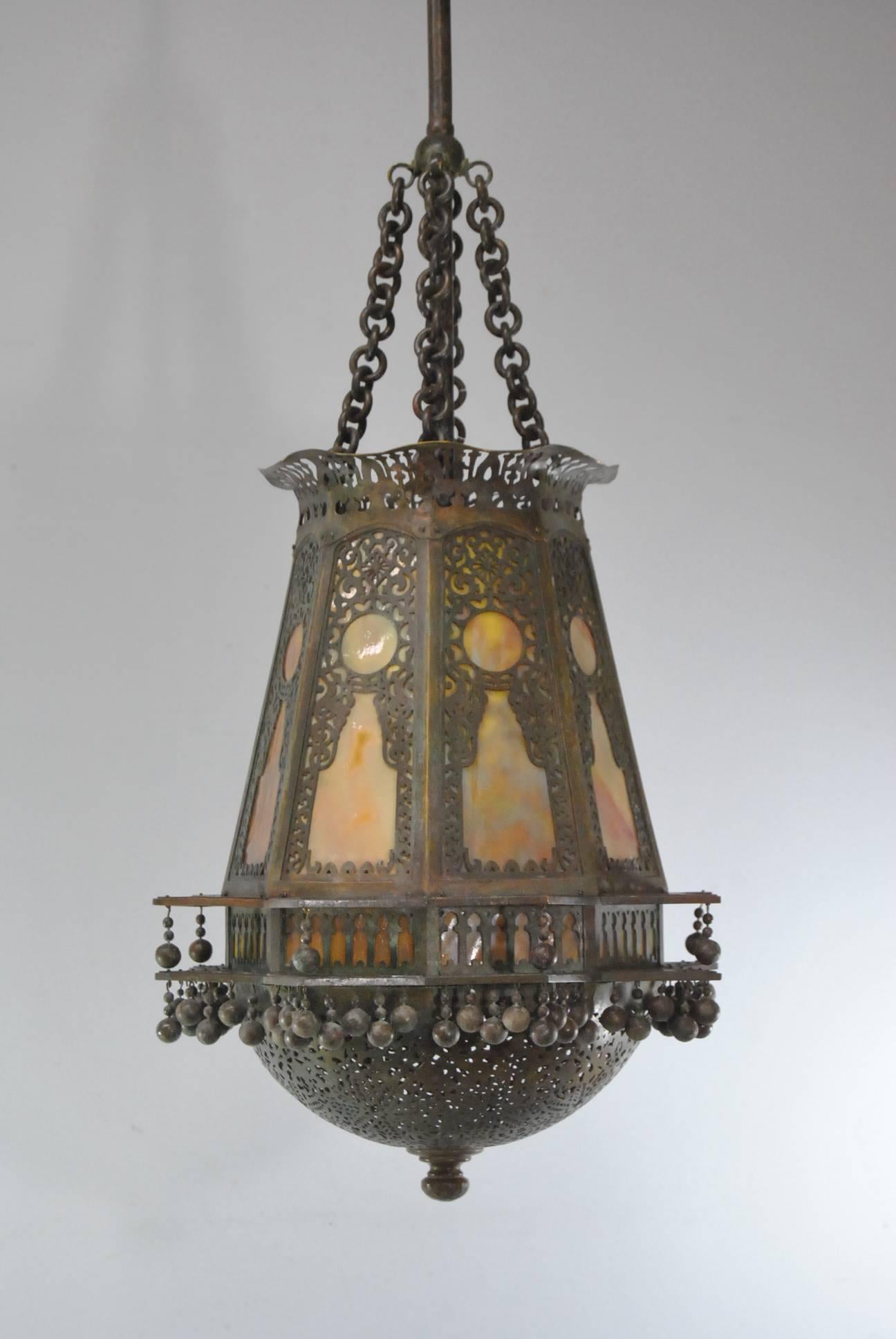 Moorish Style Lantern Chandelier with Glass Inserts by Tiffany In Good Condition In Toledo, OH