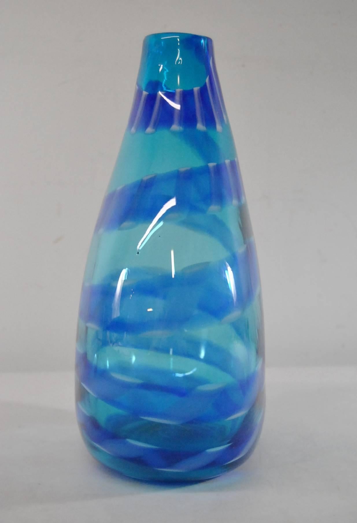 Beautiful aqua blue Murano vase by Barovier. Aqua background is accented with a blue and opal striped ribbon that swirls around the body from top to bottom.