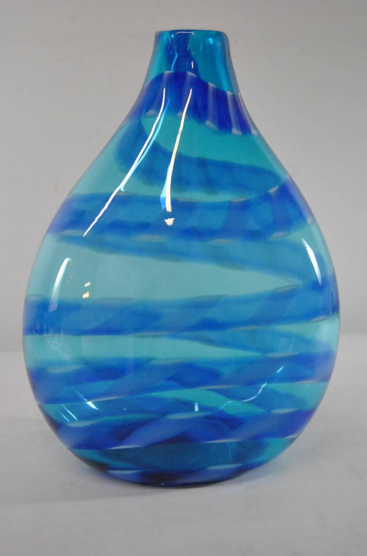 Mid-Century Modern Murano Blue Glass Vase with Ribbon Detail by Barovier