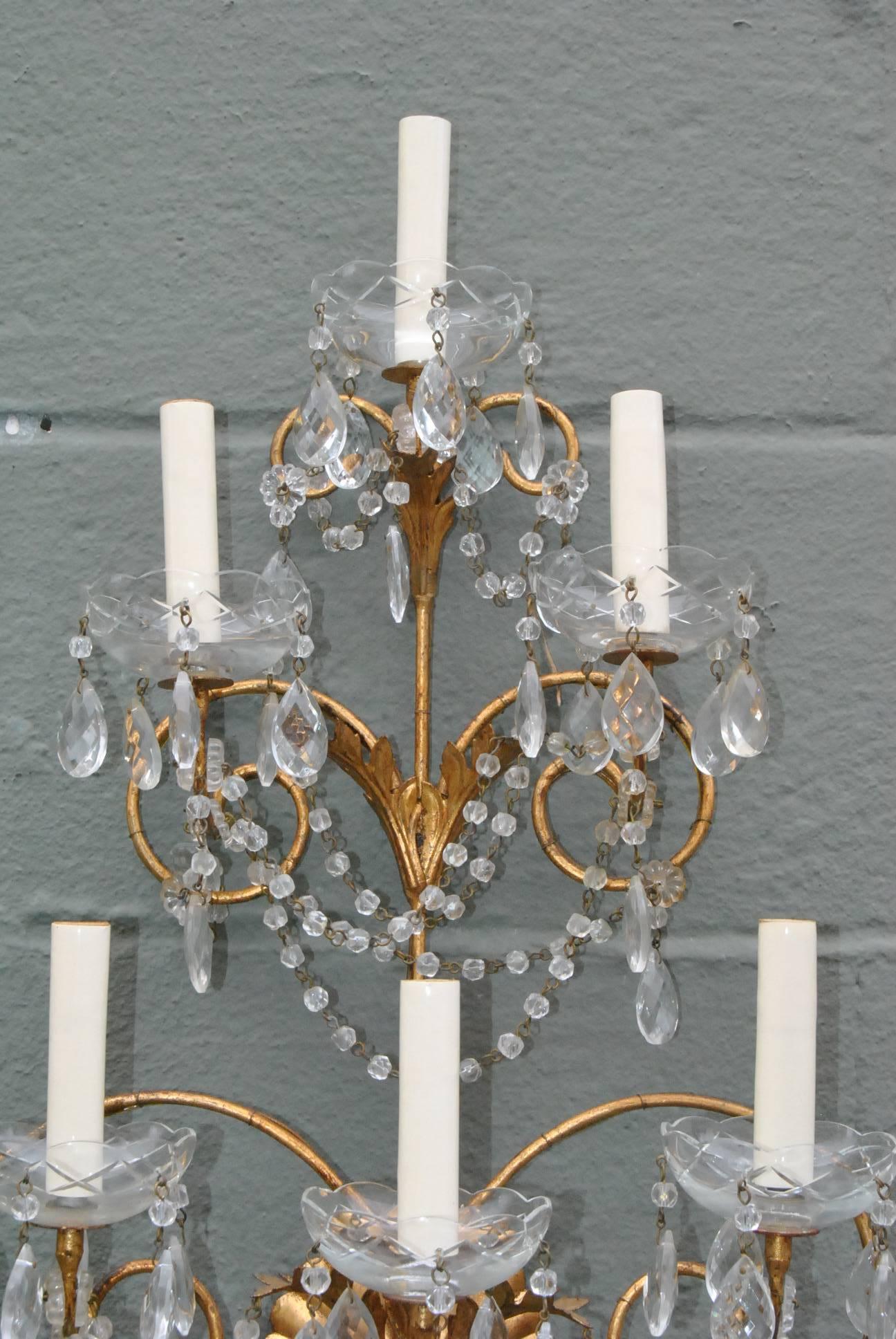 Pair of Italian Maria Theresa Style Crystal and Gold Wall Sconces In Good Condition In Toledo, OH