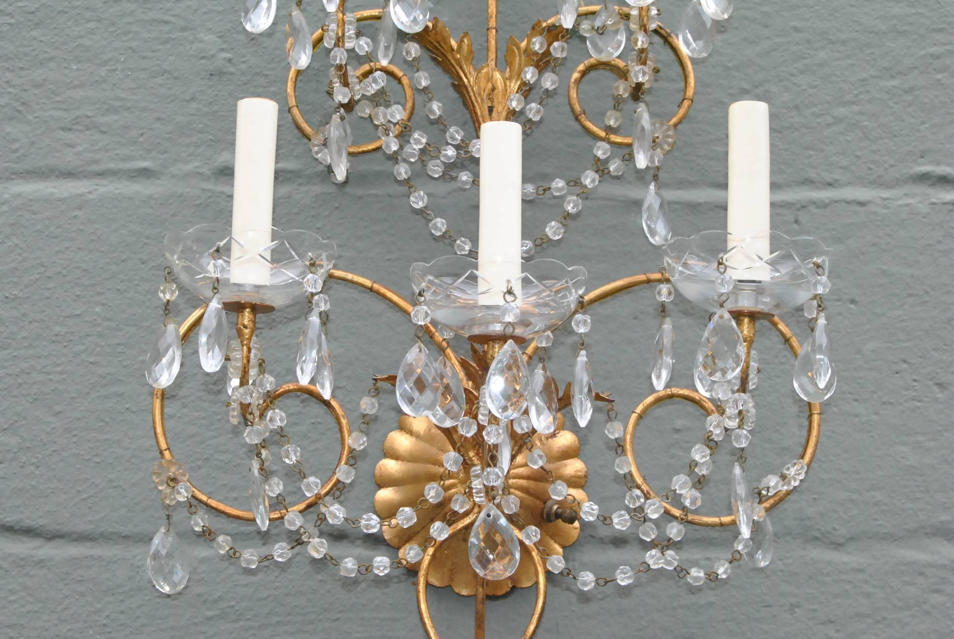 Baroque Pair of Italian Maria Theresa Style Crystal and Gold Wall Sconces