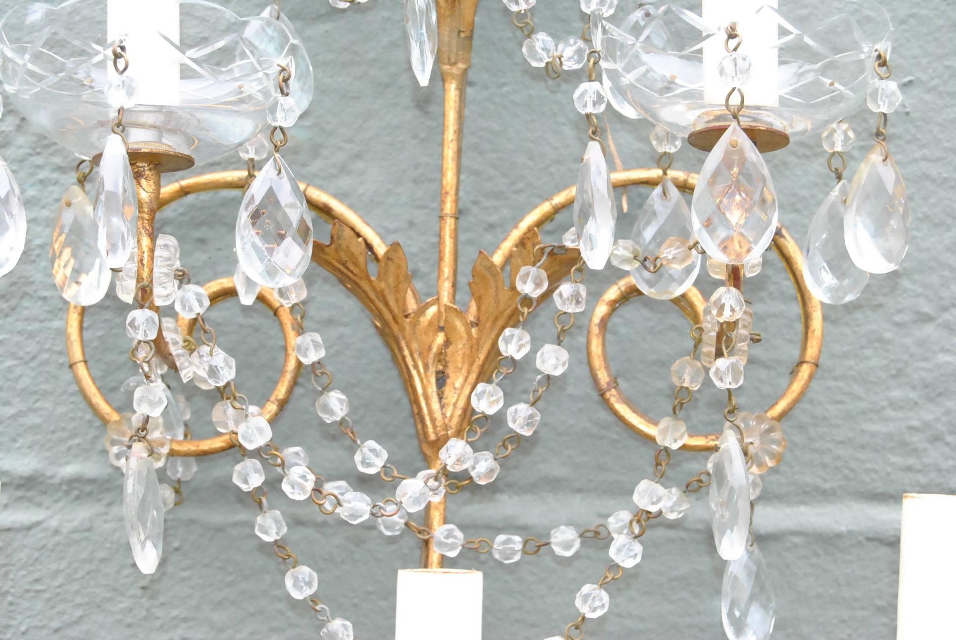 Pair of Italian Maria Theresa Style Crystal and Gold Wall Sconces 1