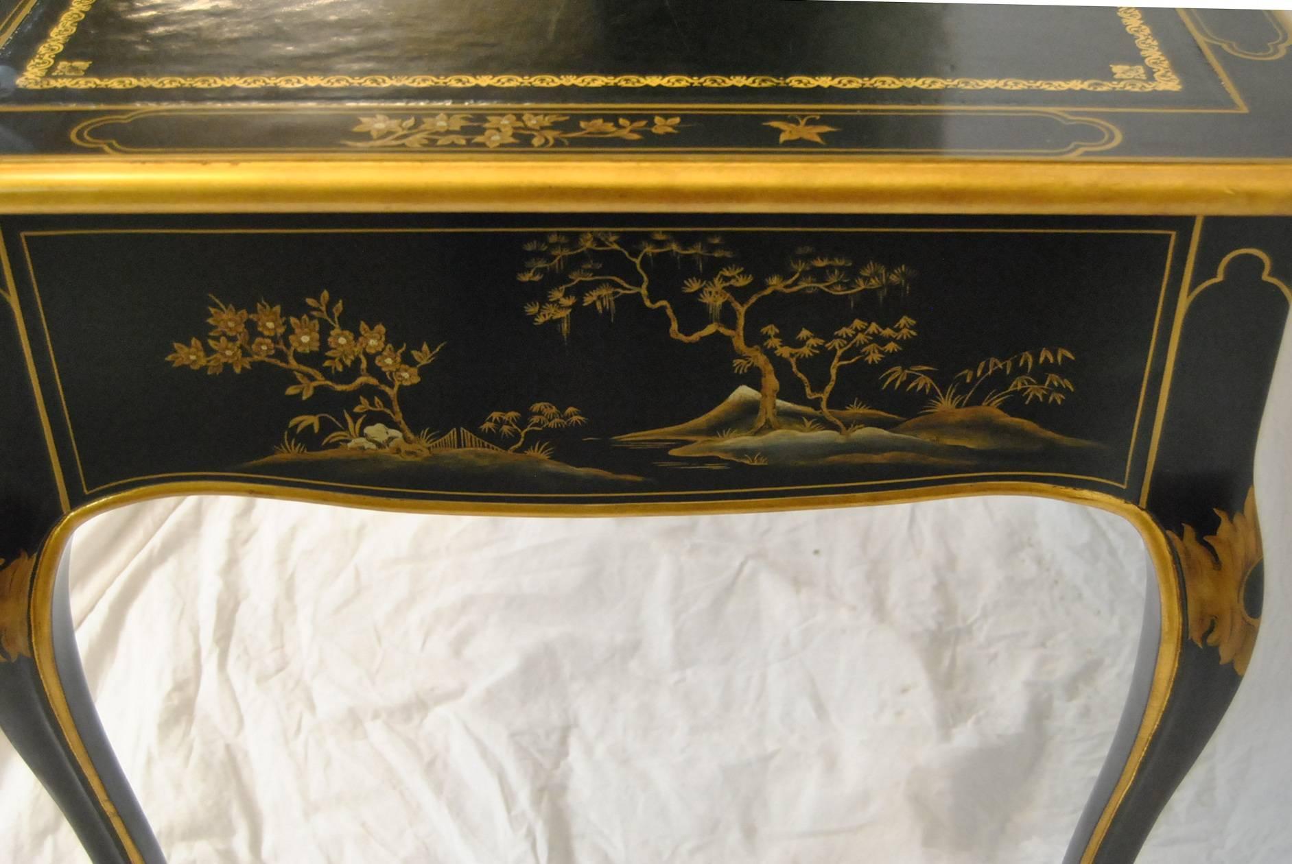 American Black Lacquered Chinoiserie Writing Desk by Baker Furniture, Classic Collection