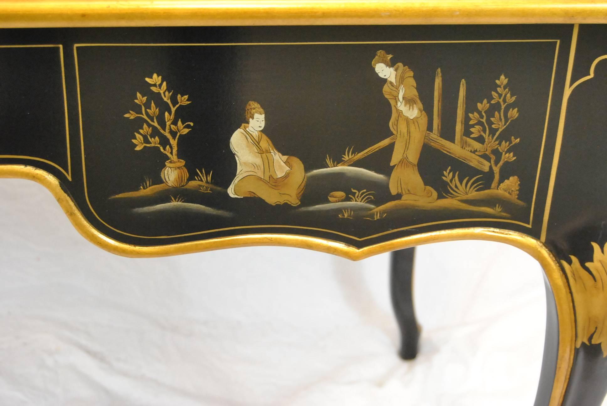 Black Lacquered Chinoiserie Writing Desk by Baker Furniture, Classic Collection In Good Condition In Toledo, OH