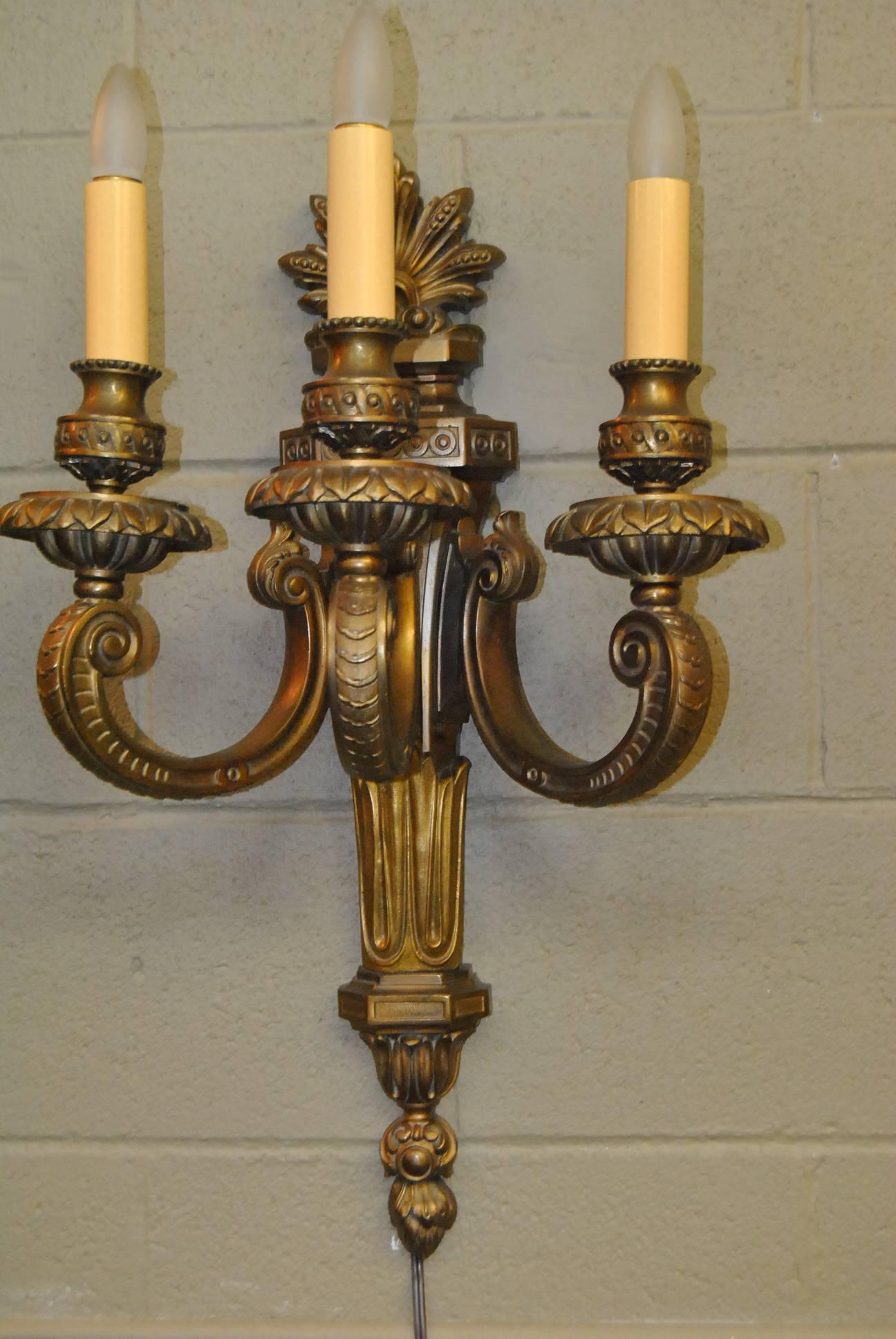 Early 20th Century Ornate Doré Bronze Neoclassical Three-Arm Wall Sconce