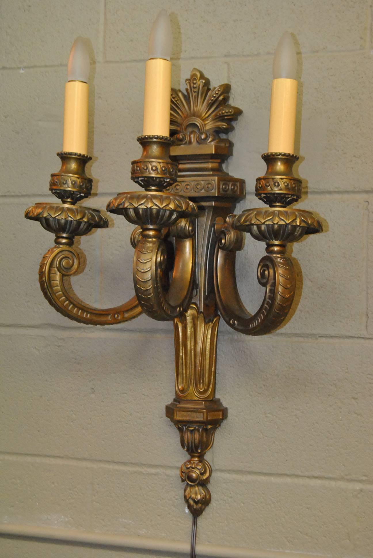 Ornate Doré Bronze Neoclassical Three-Arm Wall Sconce 1