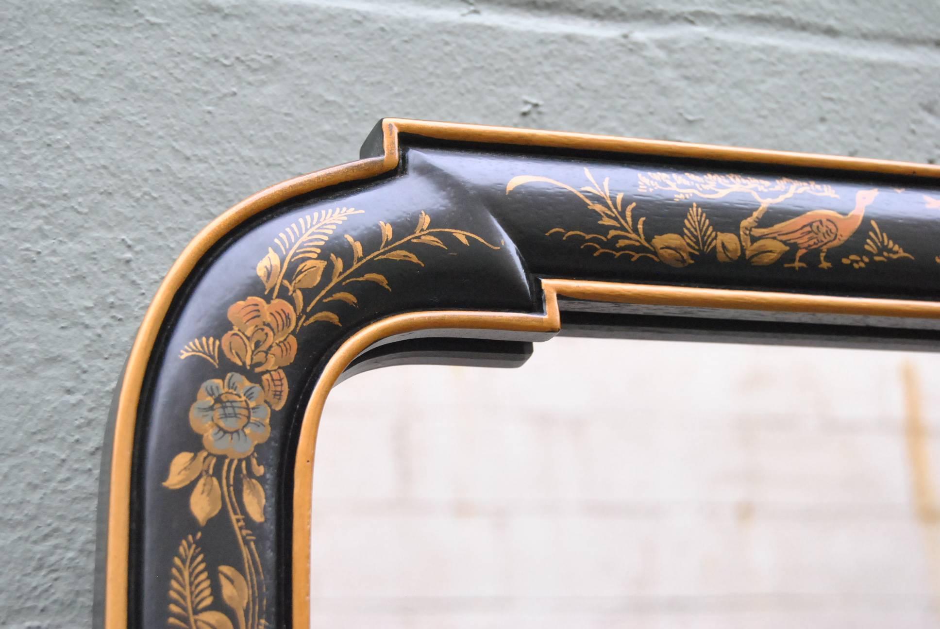 Pair of Asian Style Chinoiserie Drexel Mirrors Black with Gold Painted Scenes In Good Condition In Toledo, OH