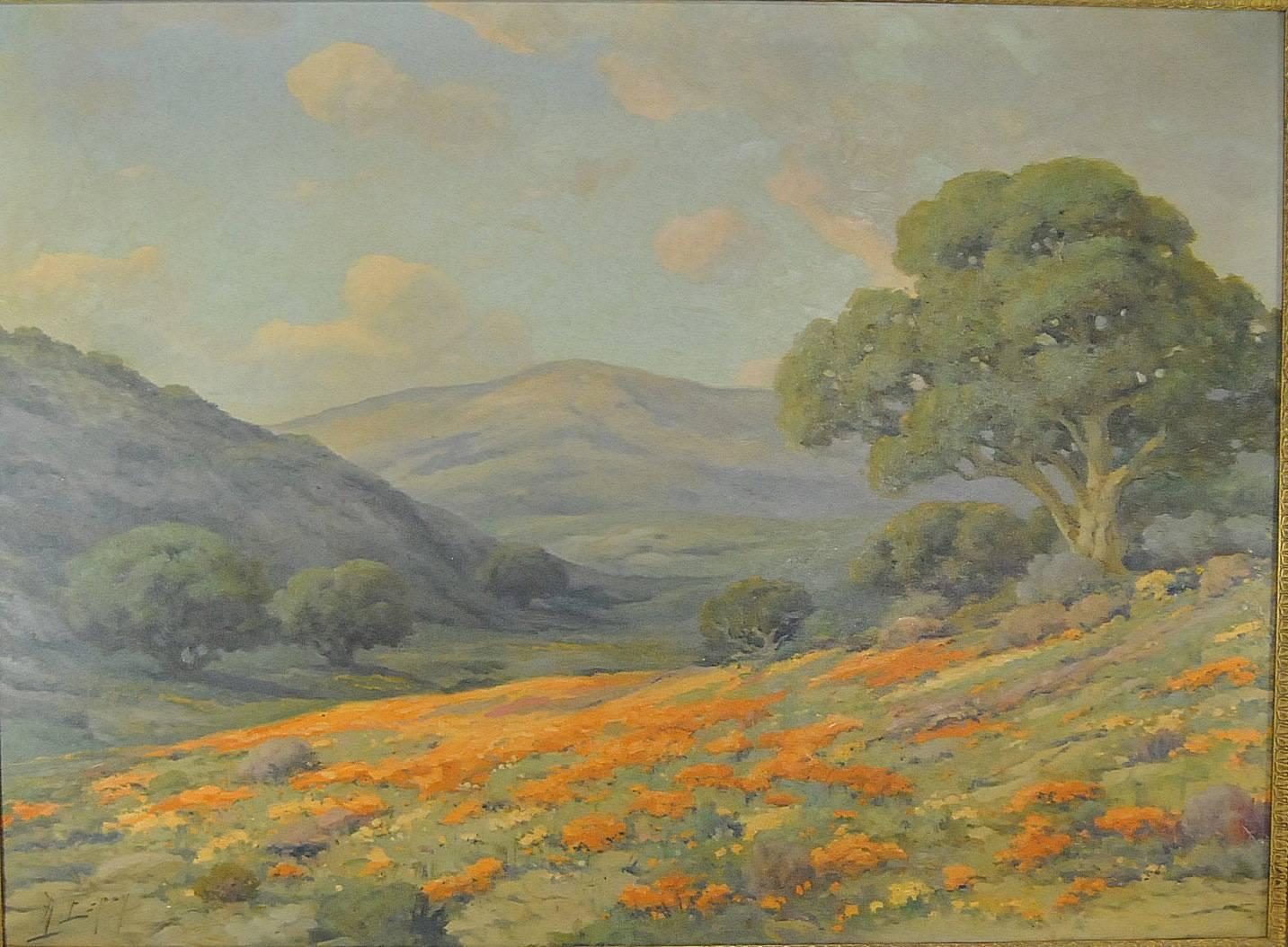 A beautiful rendition of poppies from the rolling hills of Bakersfield, CA by Angel Espoy, 1879-1963. Signed on the lower left corner and a copyright on the back. The image size is 37" x 27" and with the frame it is 44" x