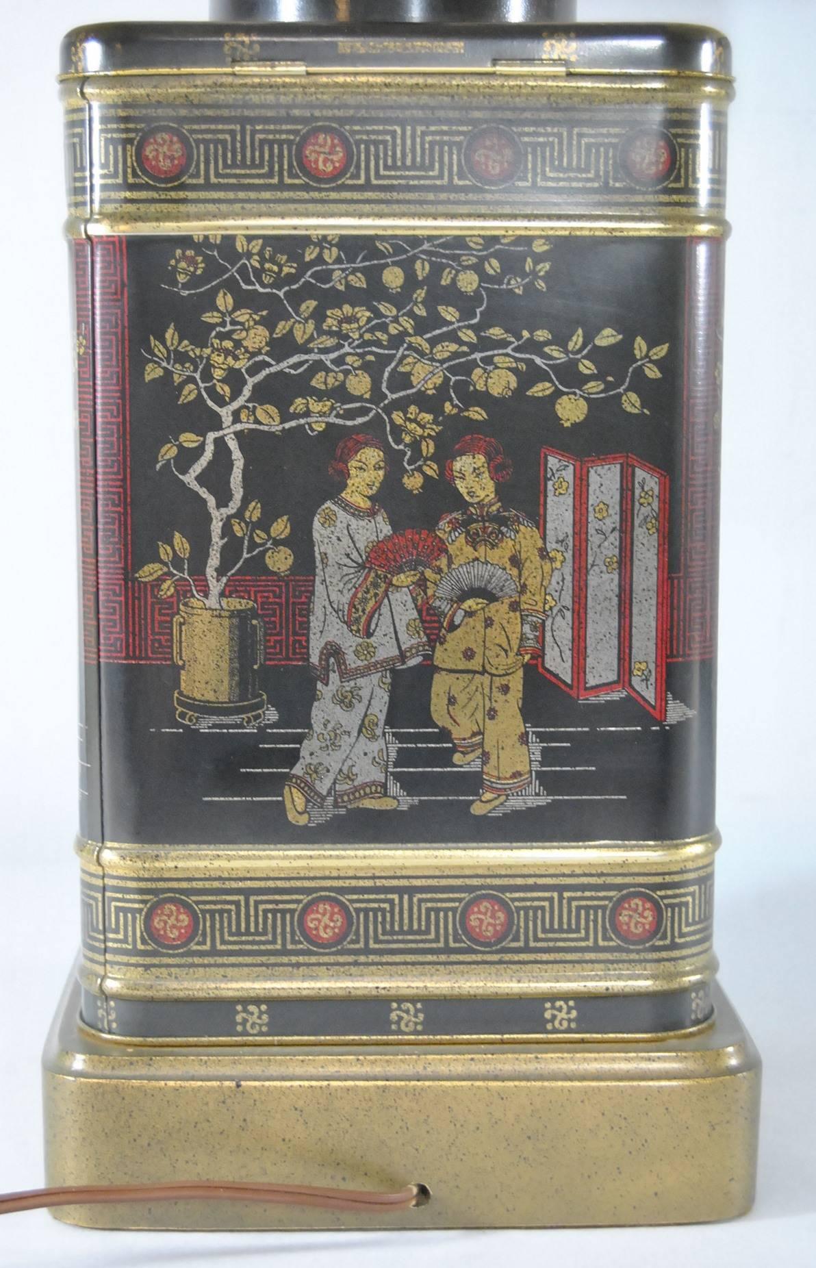 Pair of Black Asian Themed Tin Tea Canister Table Lamps by Frederick Cooper In Good Condition In Toledo, OH