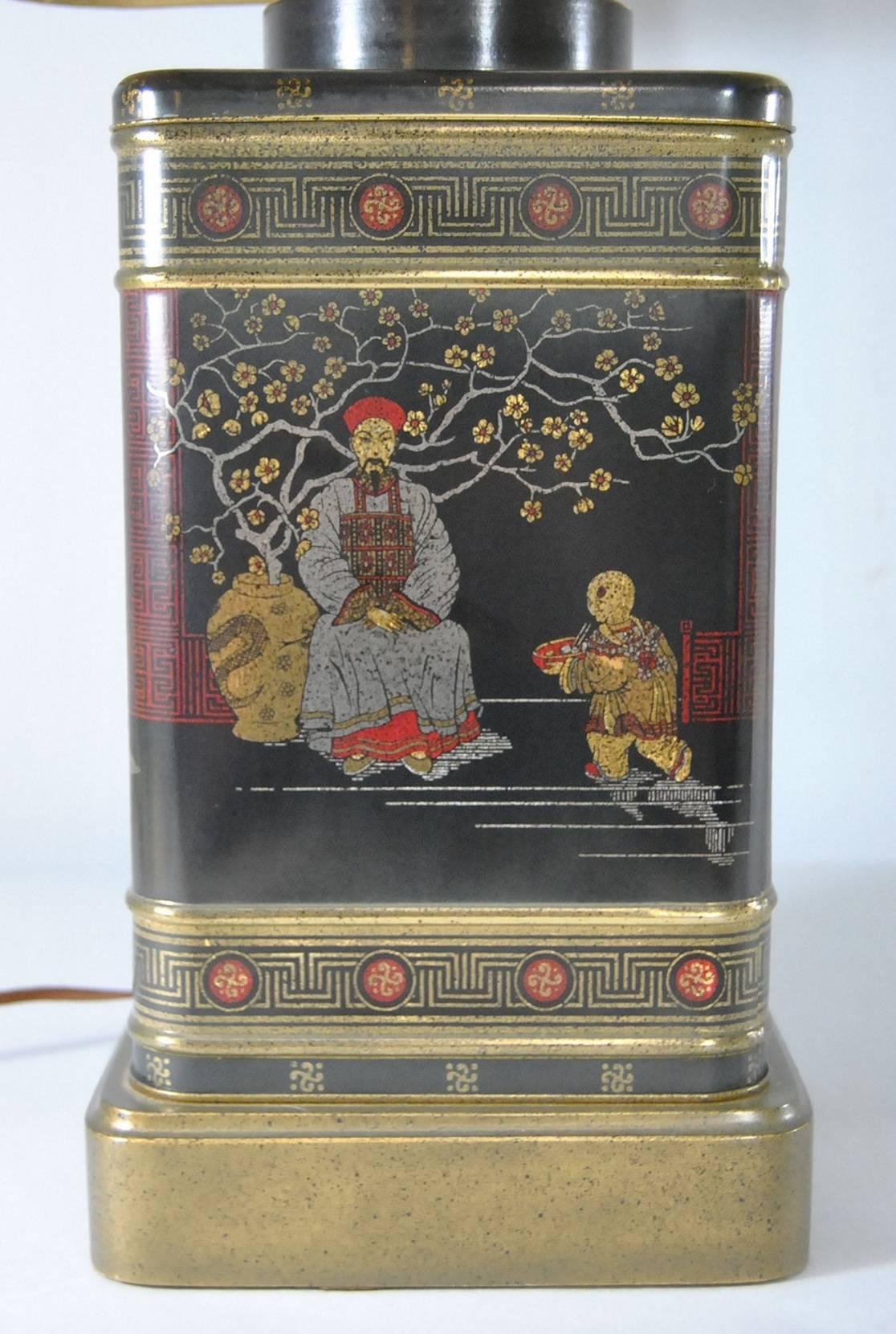 20th Century Pair of Black Asian Themed Tin Tea Canister Table Lamps by Frederick Cooper