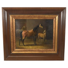 Thoroughbred Bay Horse Mare And Foal Oil On Board, 19th Century