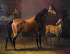 Thoroughbred Bay Horse Mare And Foal Oil On Board, 19th Century