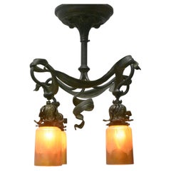 Antique Art nouveau Chandelier Quezal Art Glass Shades