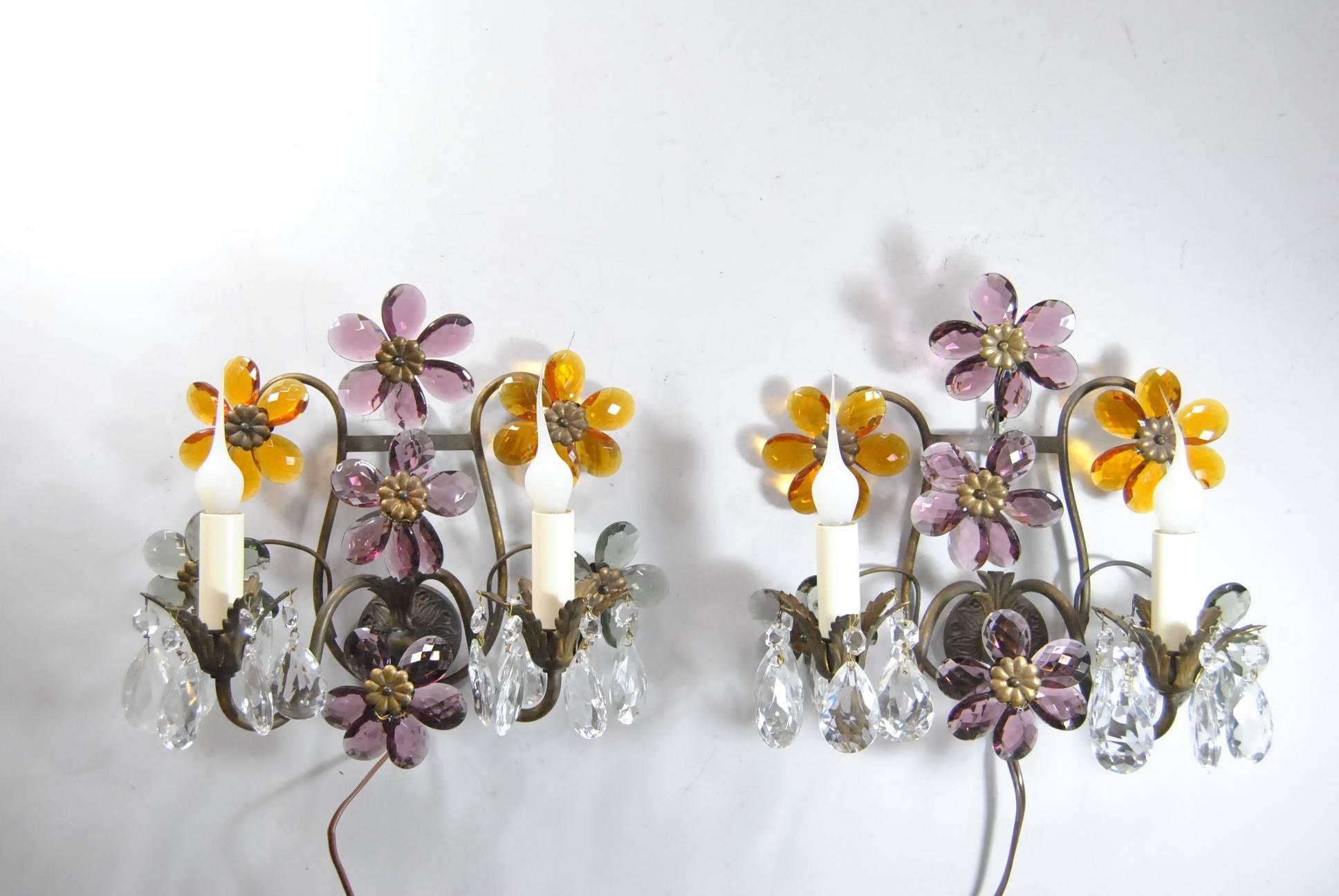 20th Century Antique French Bronze Wall Sconces, Pair with Cut Crystal Floral Design Details For Sale