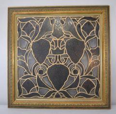 Antique Stained Glass Window with Hand-Painted Eagle and Grape Clusters, Framed