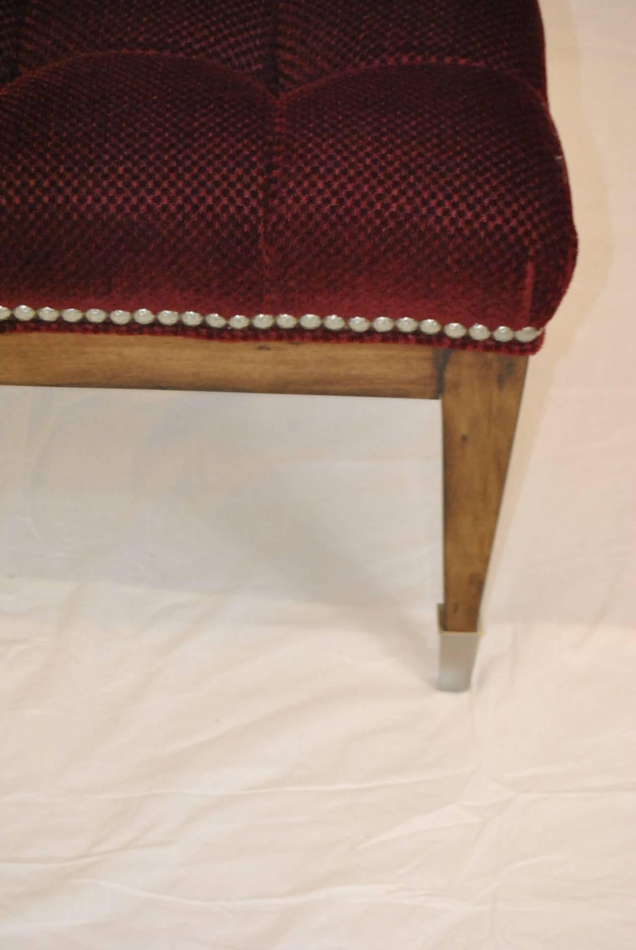American Upholstered Burgundy Mohair Nailhead Trim Bench by Swaim