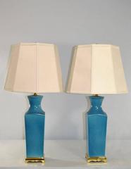 Pair of Turquoise Blue Table Lamps with Brass Accents by Paul Hanson