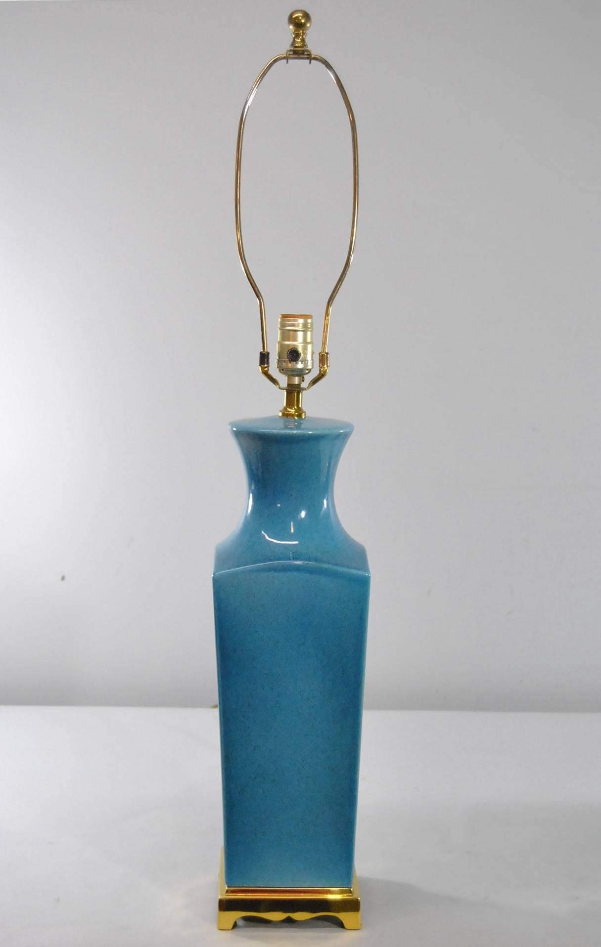 Mid-Century Modern Pair of Turquoise Blue Table Lamps with Brass Accents by Paul Hanson