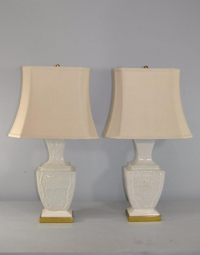 White Porcelain Lamps With Embossed Asian Detail And Brass Base By White Porcelain Lamps With Embossed Asian Detail And Brass Base By Paul Hanson At 1stdibs