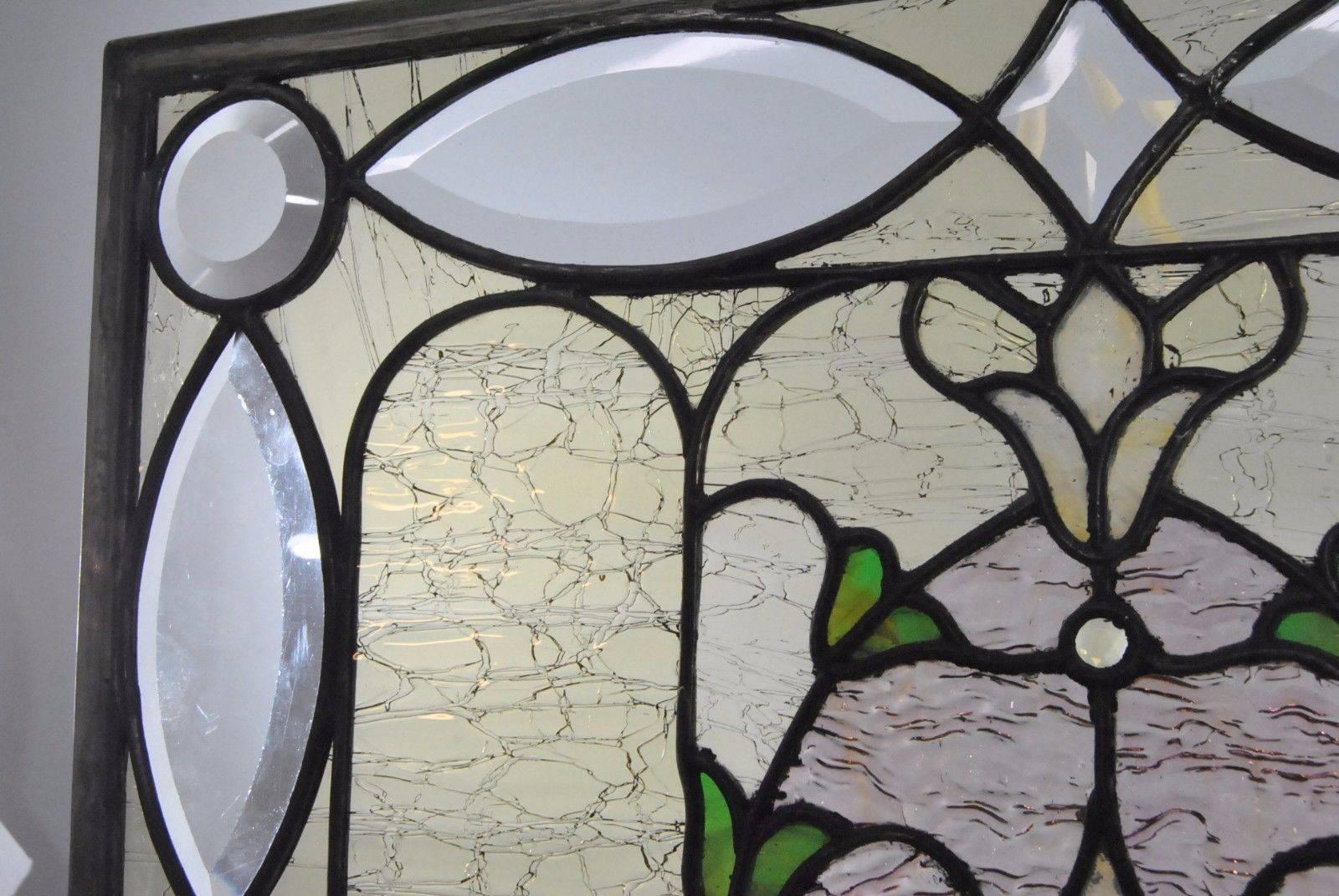Stained Glass Antique Stained and Beveled Cut Window with Jewels and Tulip Design
