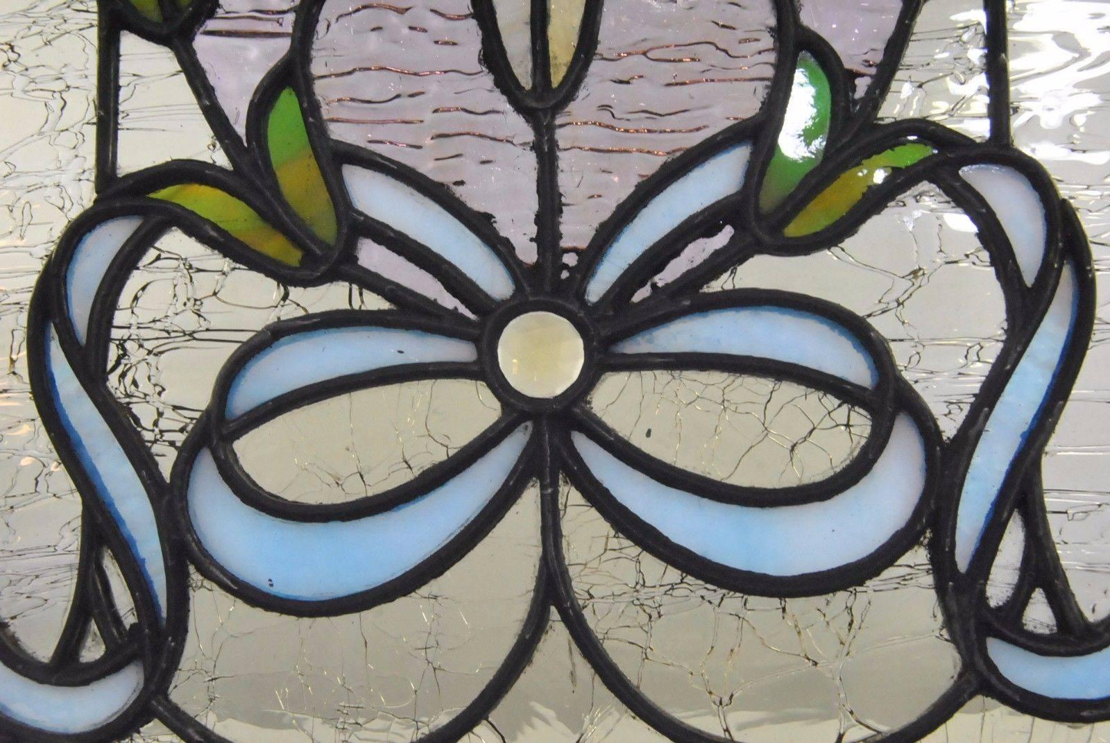 Antique Stained and Beveled Cut Window with Jewels and Tulip Design 1