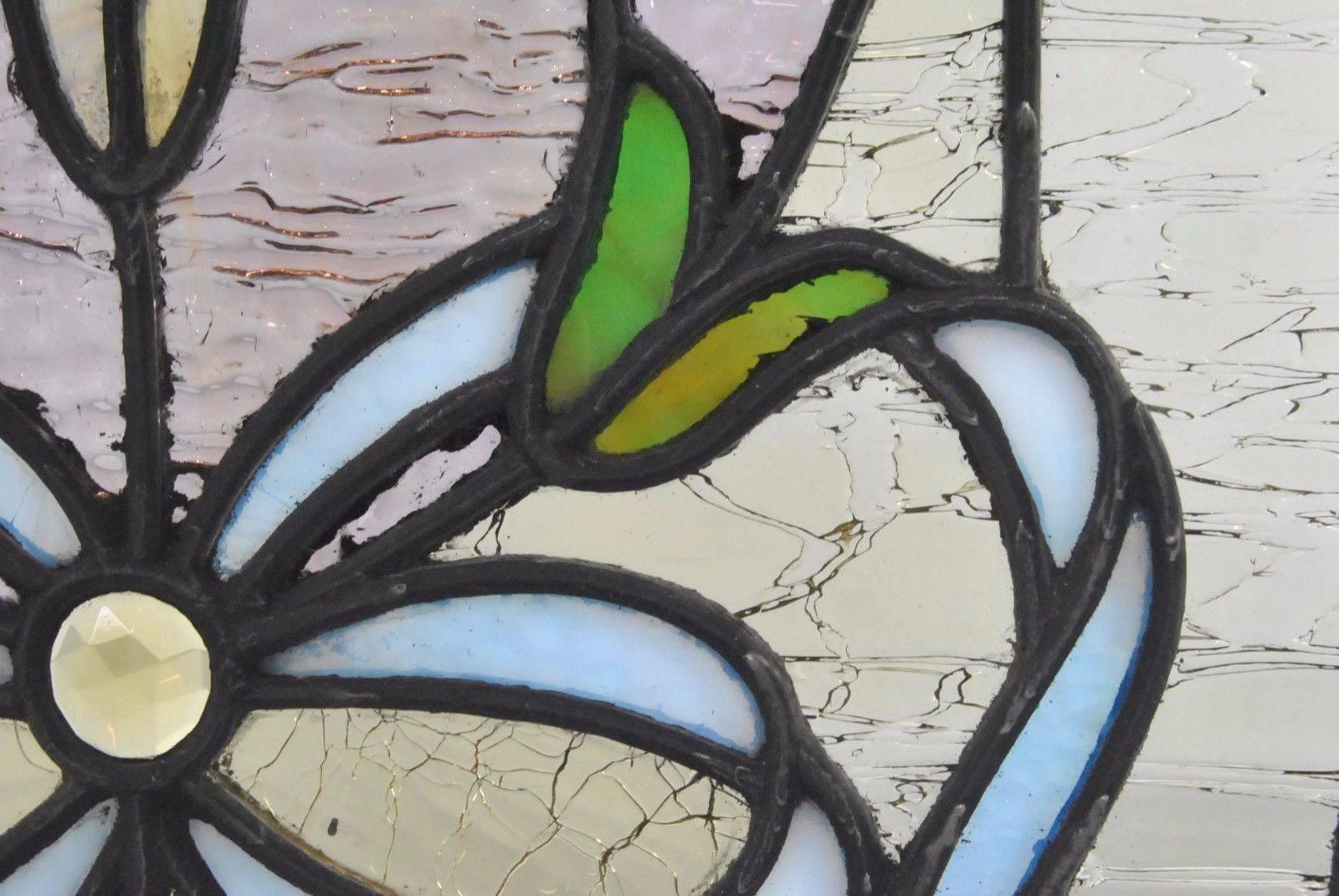 Antique Stained and Beveled Cut Window with Jewels and Tulip Design 2