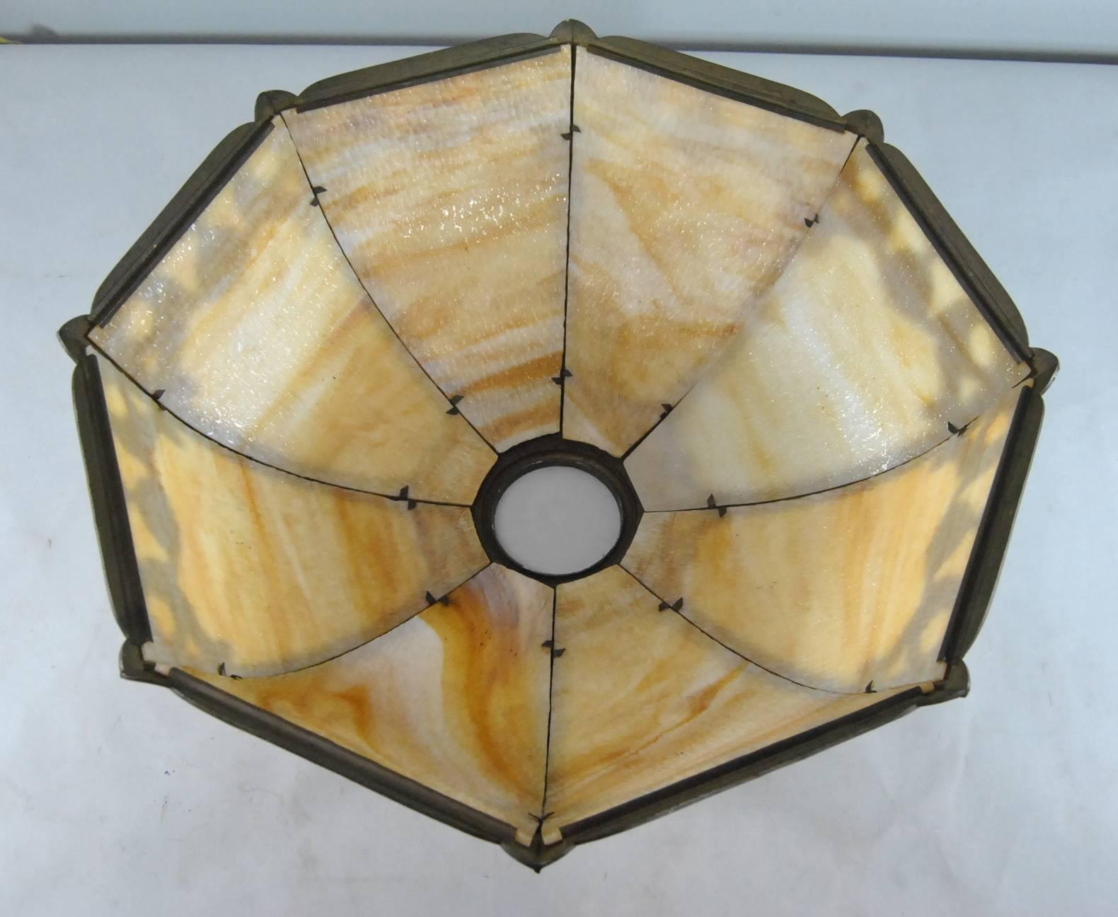 20th Century Signed Miller Art Nouveau Eight-Panel Slag Glass Lamp in Caramel