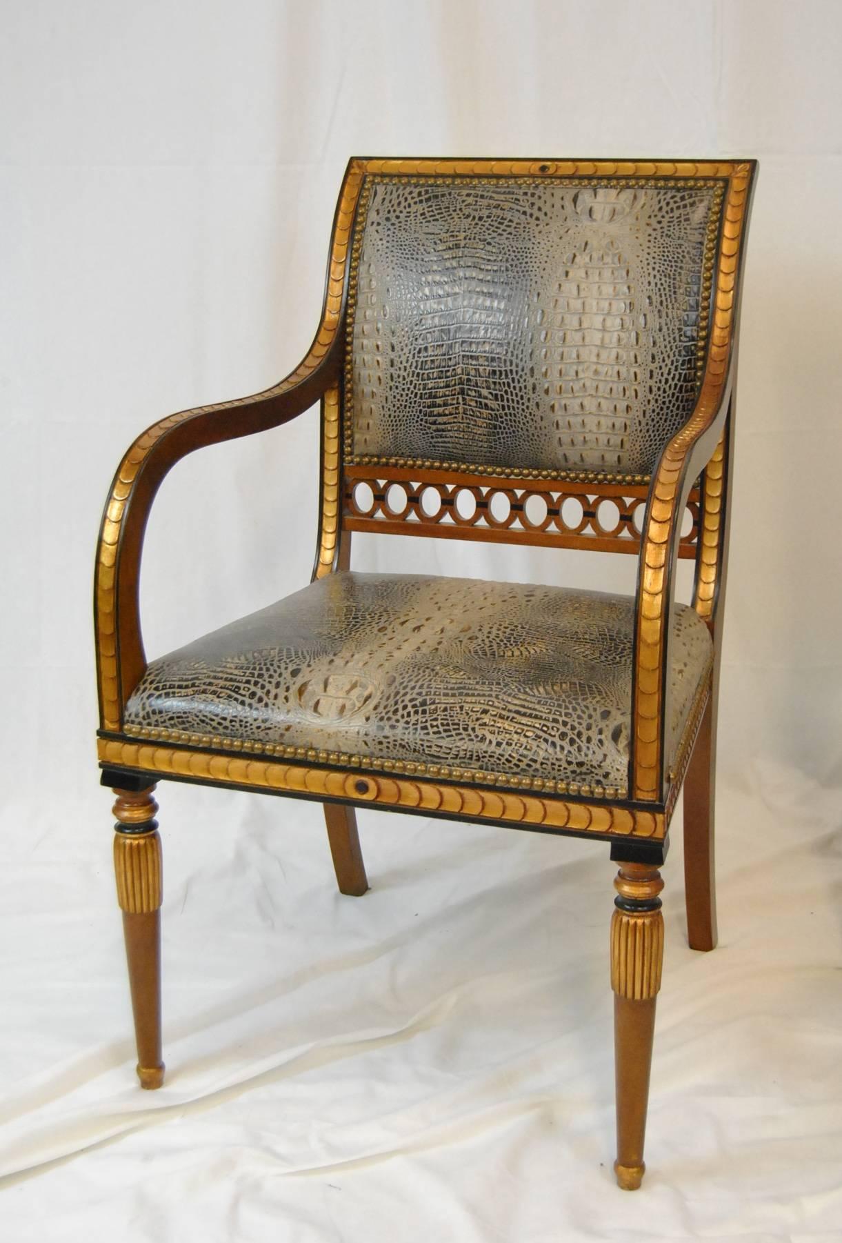 Pair of Regency Style Arm Chairs in Crocodile Upholstery by Whittemore Sherrill In Good Condition In Toledo, OH