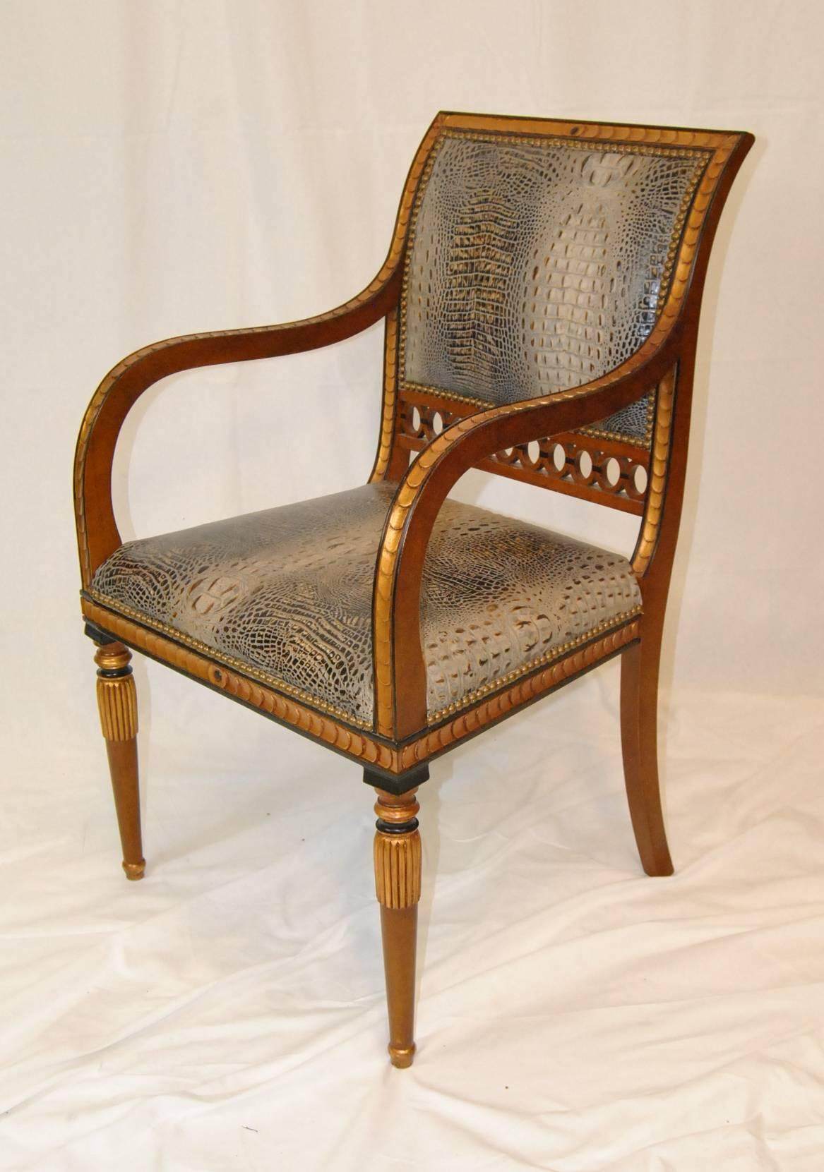 20th Century Pair of Regency Style Arm Chairs in Crocodile Upholstery by Whittemore Sherrill