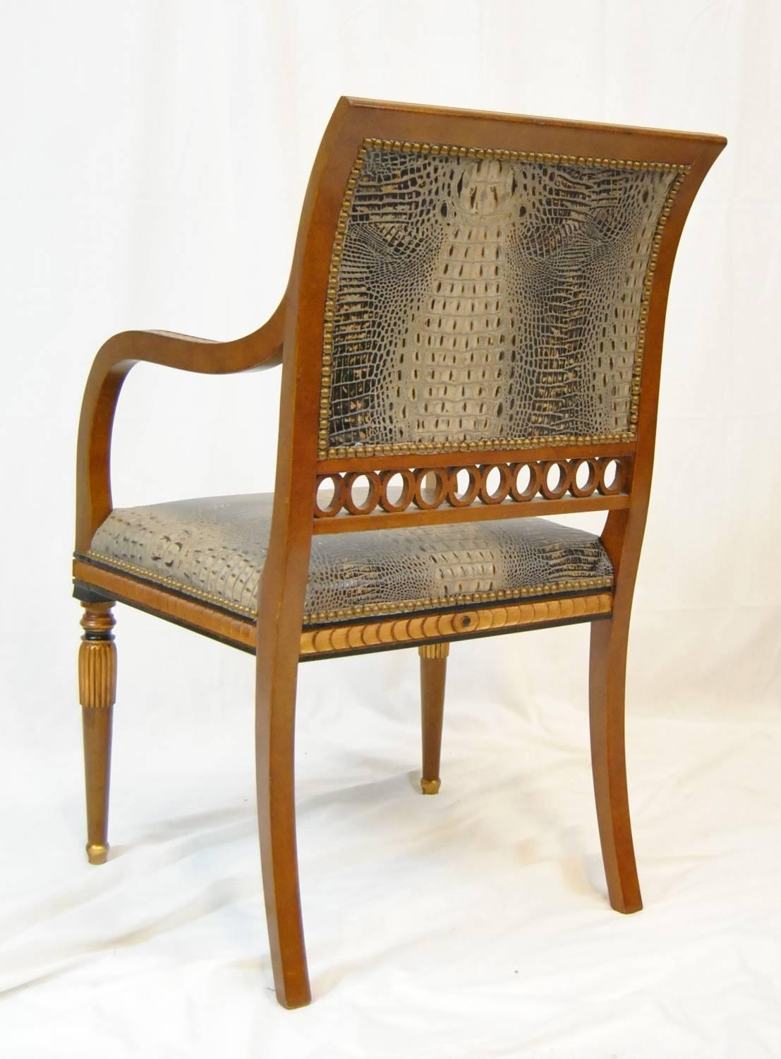 Pair of Regency Style Arm Chairs in Crocodile Upholstery by Whittemore Sherrill 1