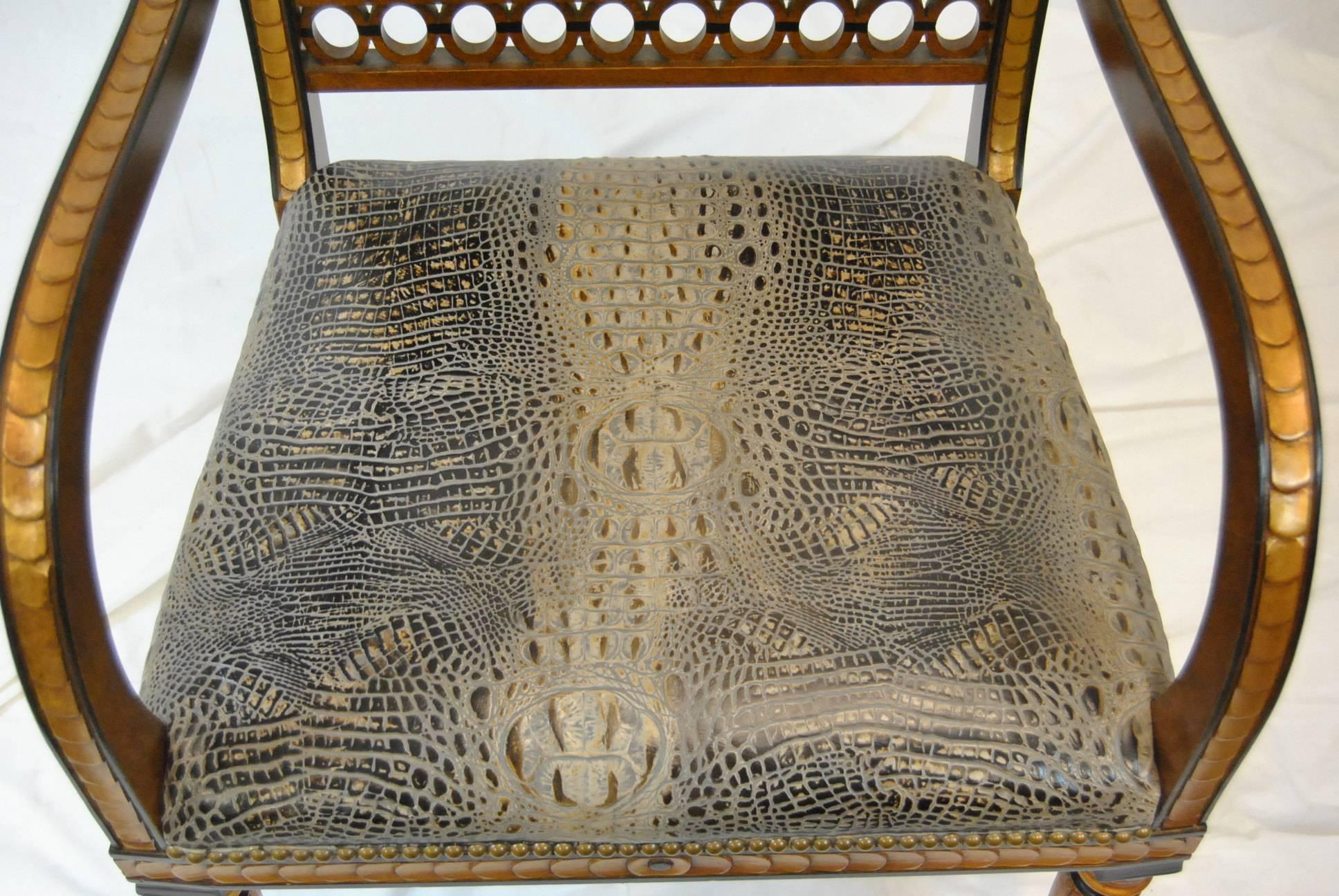Pair of Regency Style Arm Chairs in Crocodile Upholstery by Whittemore Sherrill 3