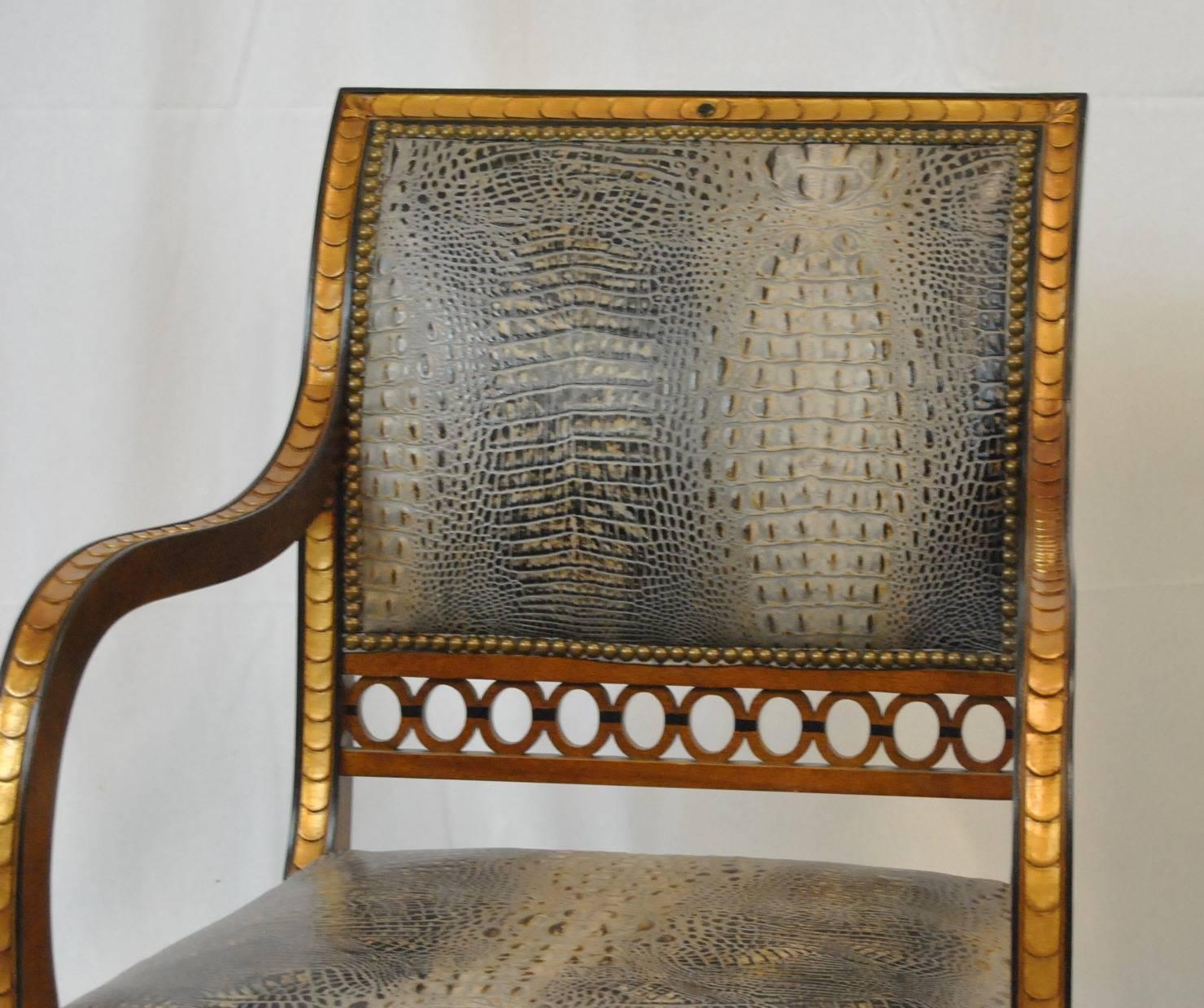 Pair of Regency Style Arm Chairs in Crocodile Upholstery by Whittemore Sherrill 2