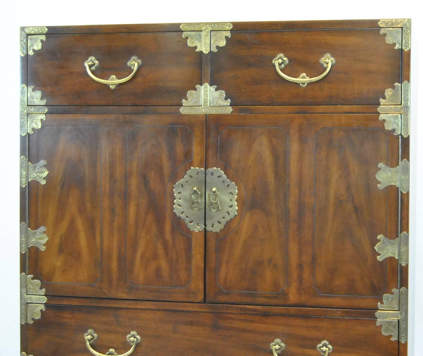 20th Century Tall Mahogany Gentlemen's Chest with Asian Campaign Styling by Henredon