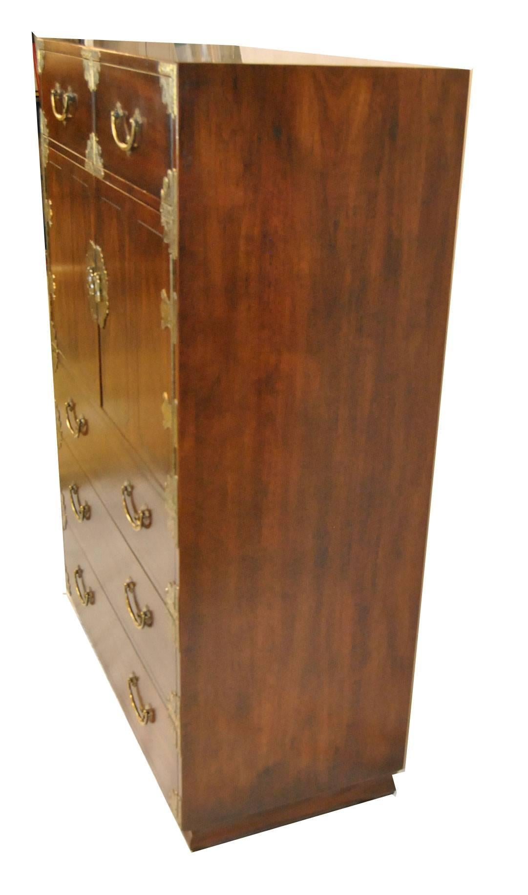 Tall Mahogany Gentlemen's Chest with Asian Campaign Styling by Henredon In Good Condition In Toledo, OH