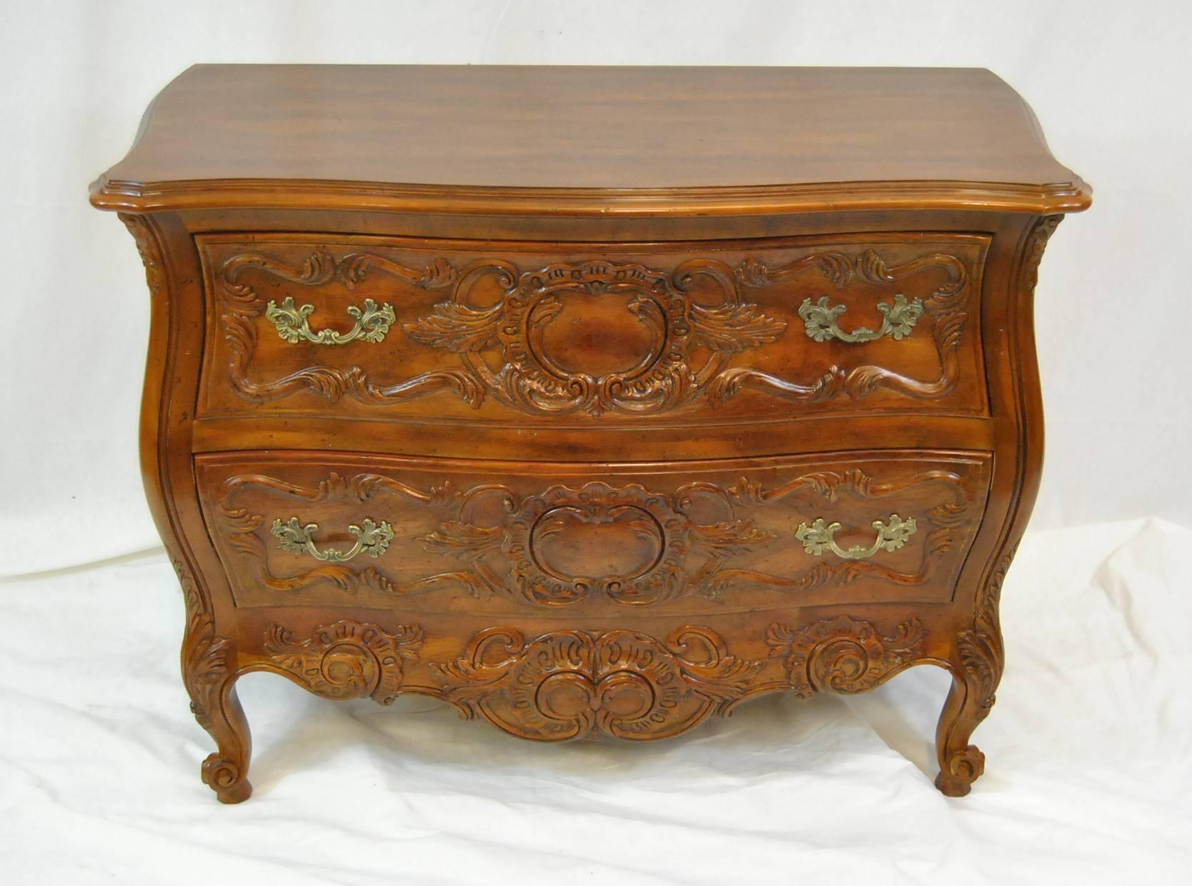 Louis XV French Walnut Two-Drawer Bombe Style Commode Chest by John Widdicomb