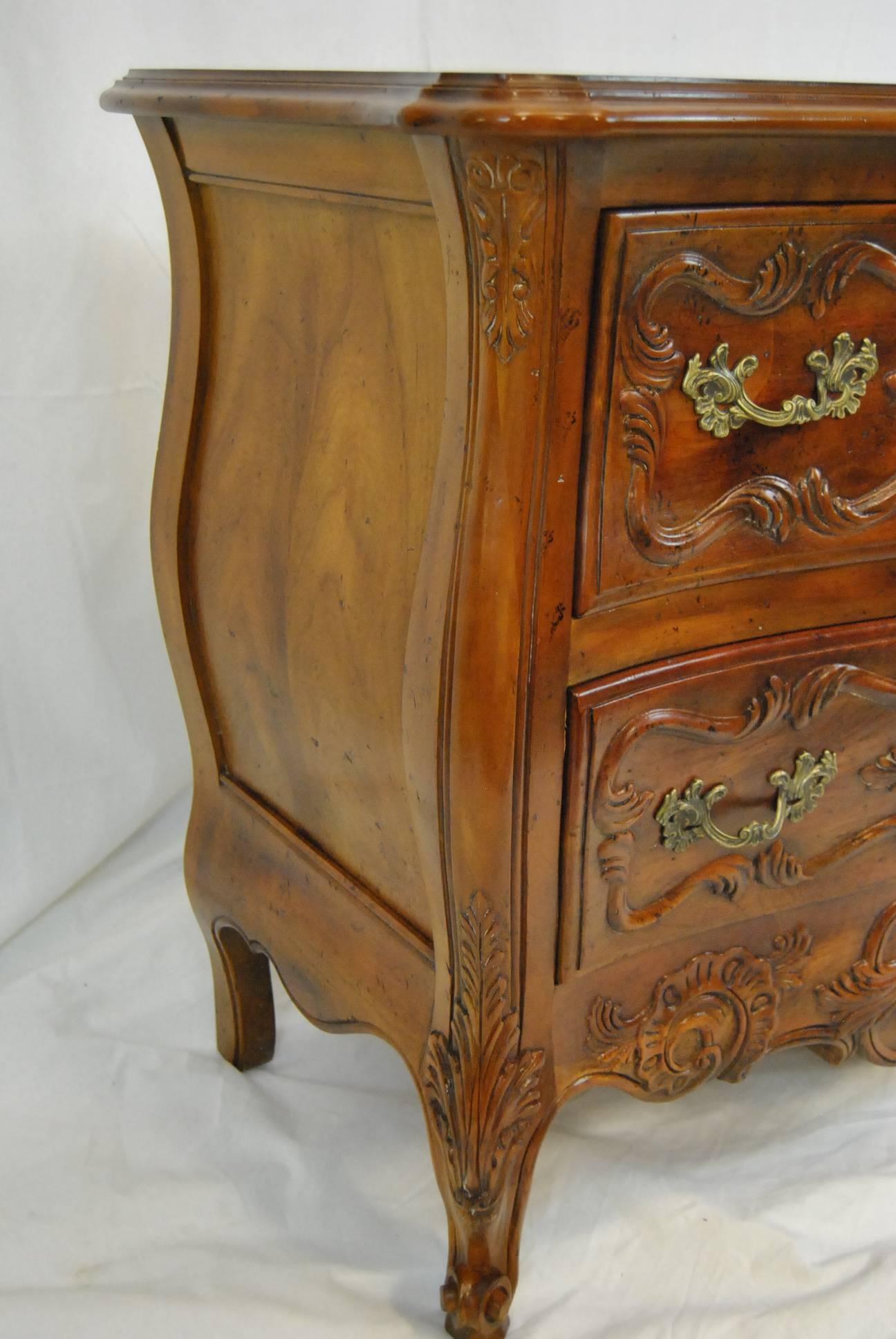 French Walnut Two-Drawer Bombe Style Commode Chest by John Widdicomb In Good Condition In Toledo, OH