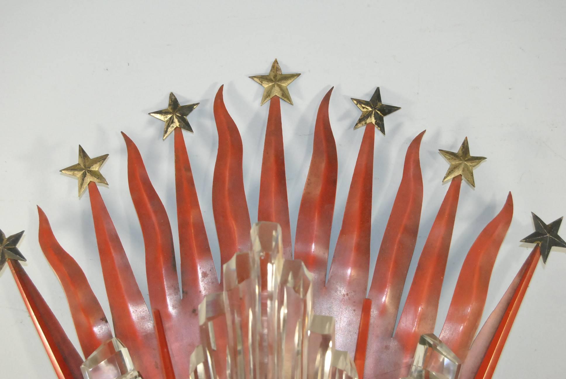 French Art Deco Sun and Stars Motiff Brass Theatre Wall Sconce In Good Condition In Toledo, OH