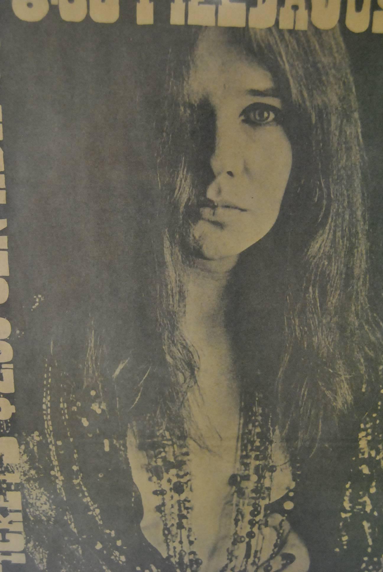 An original Janis Joplin concert advertisement for March 9th, 1969 concert at University of Toledo. Advertisement has been framed in simple black frame with glass. The advertisement shows March 9th, University of Toledo, Student tickets $2.50 Gen