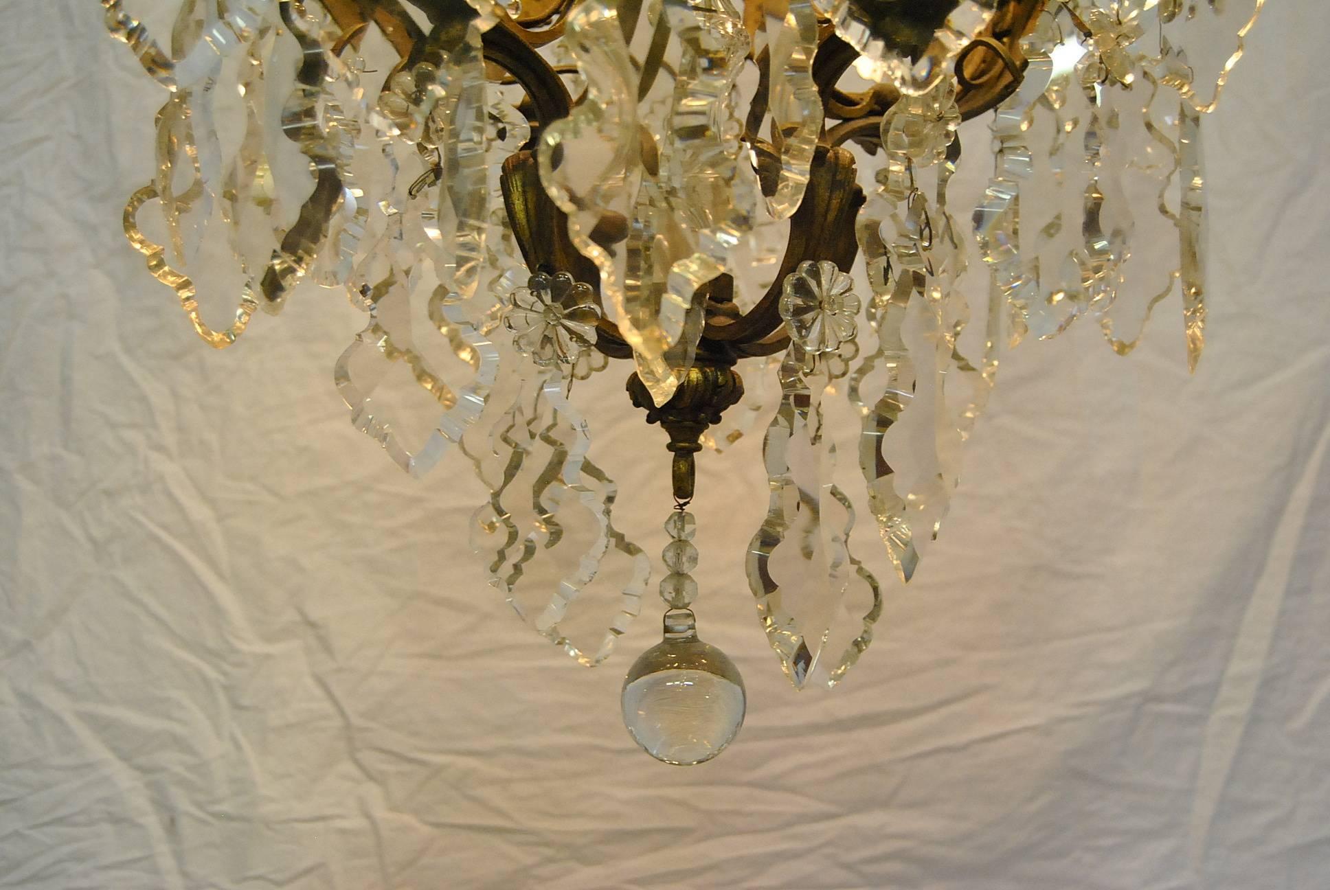 Large French Bronze Four-Arm Chandelier with Large Shaped Cut Crystals For Sale 4