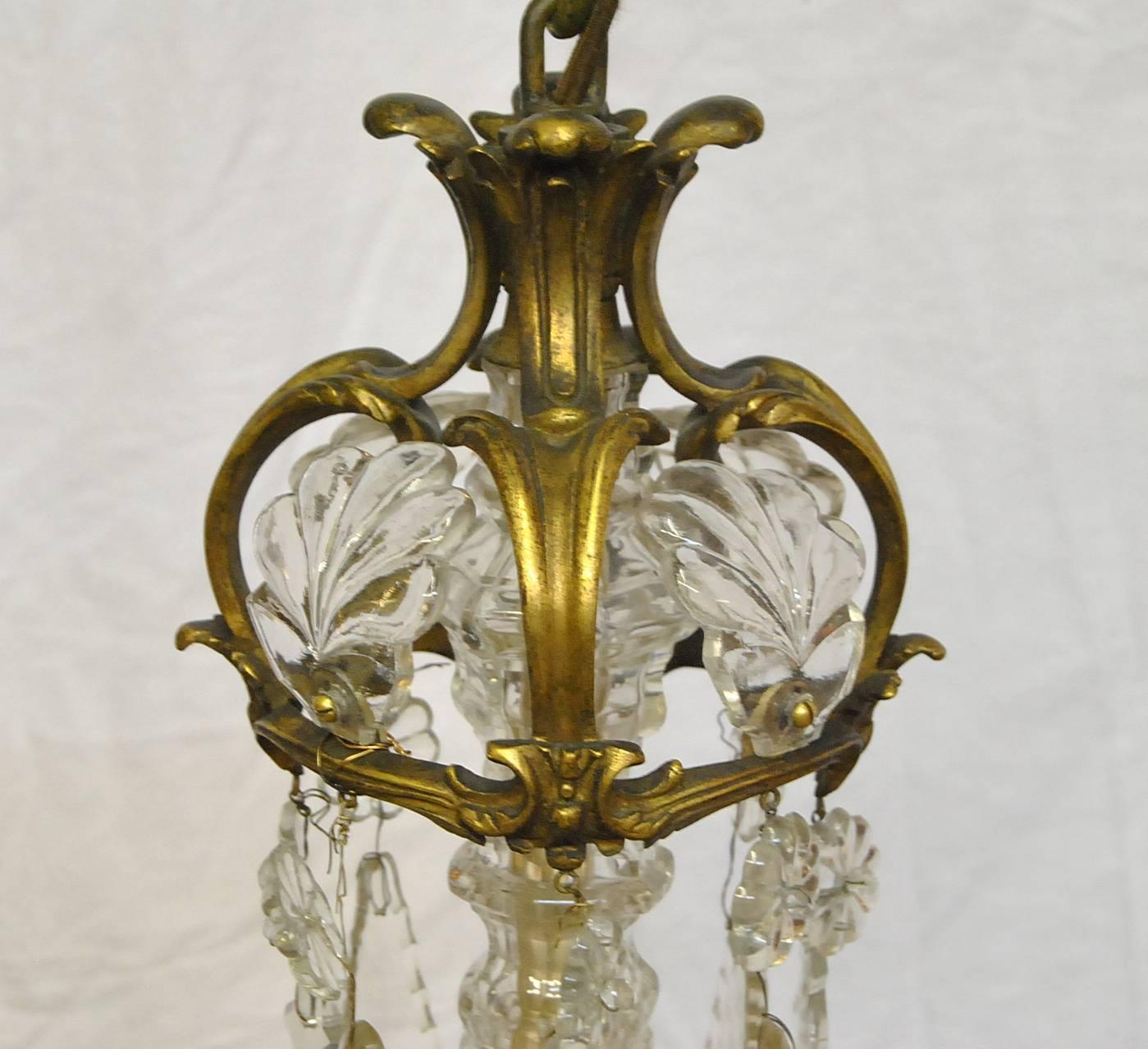 Large French Bronze Four-Arm Chandelier with Large Shaped Cut Crystals For Sale 3