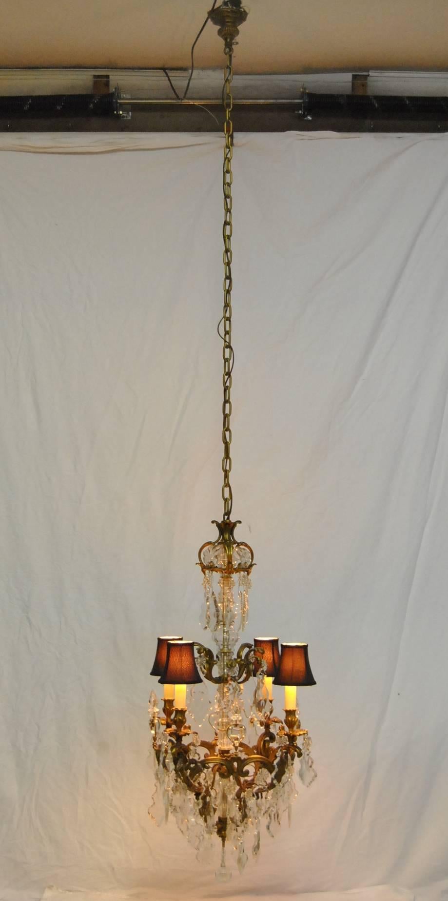 Large French Bronze Four-Arm Chandelier with Large Shaped Cut Crystals For Sale 6