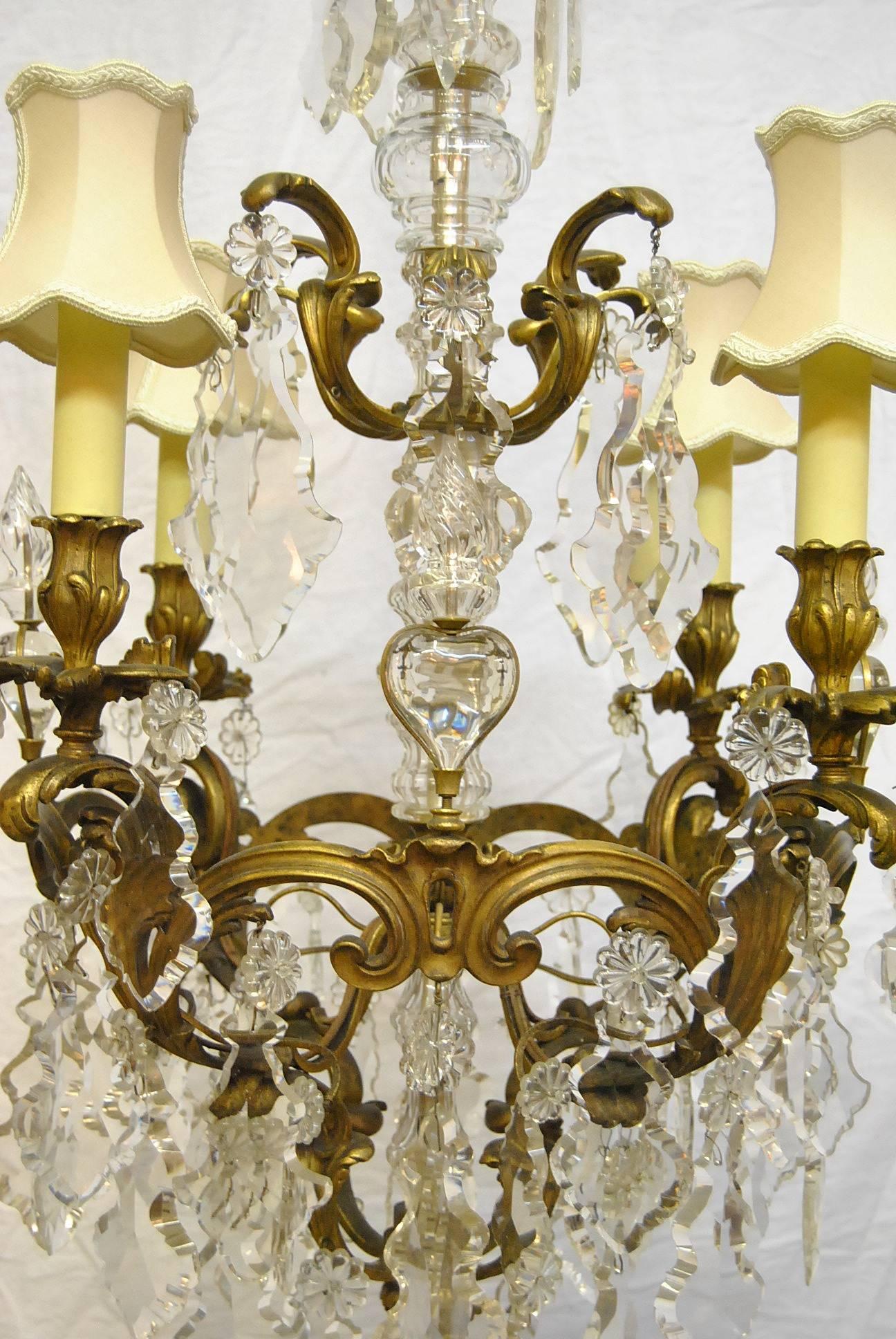Large French Bronze Four-Arm Chandelier with Large Shaped Cut Crystals For Sale 1