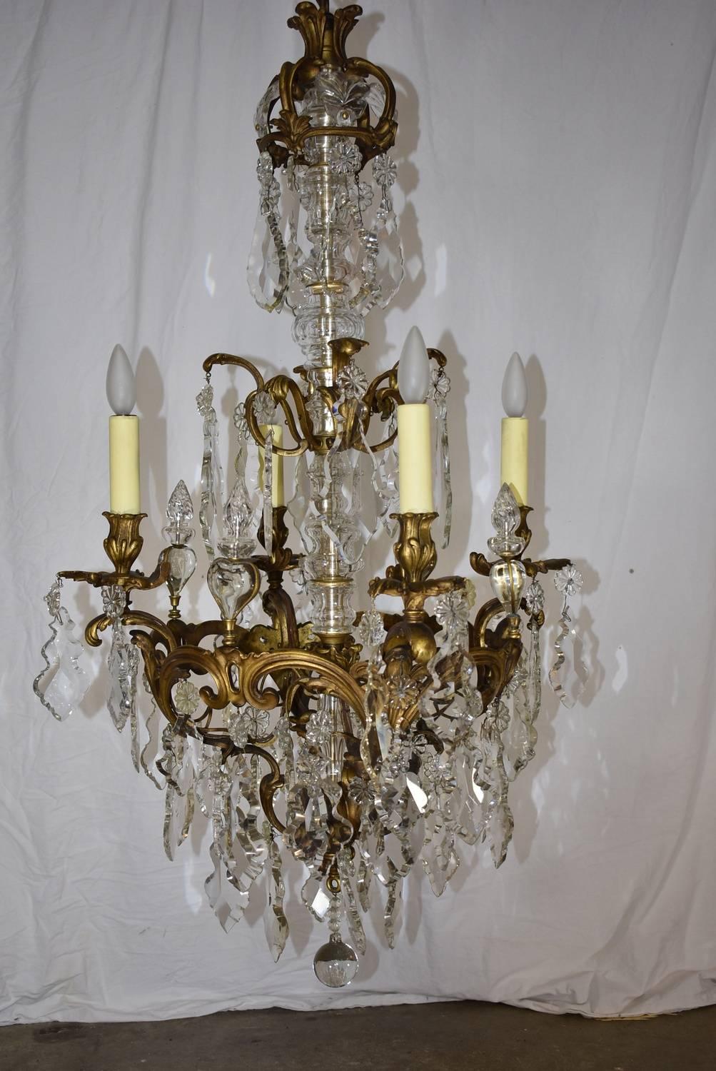 Large French Bronze Four-Arm Chandelier with Large Shaped Cut Crystals In Good Condition For Sale In Toledo, OH