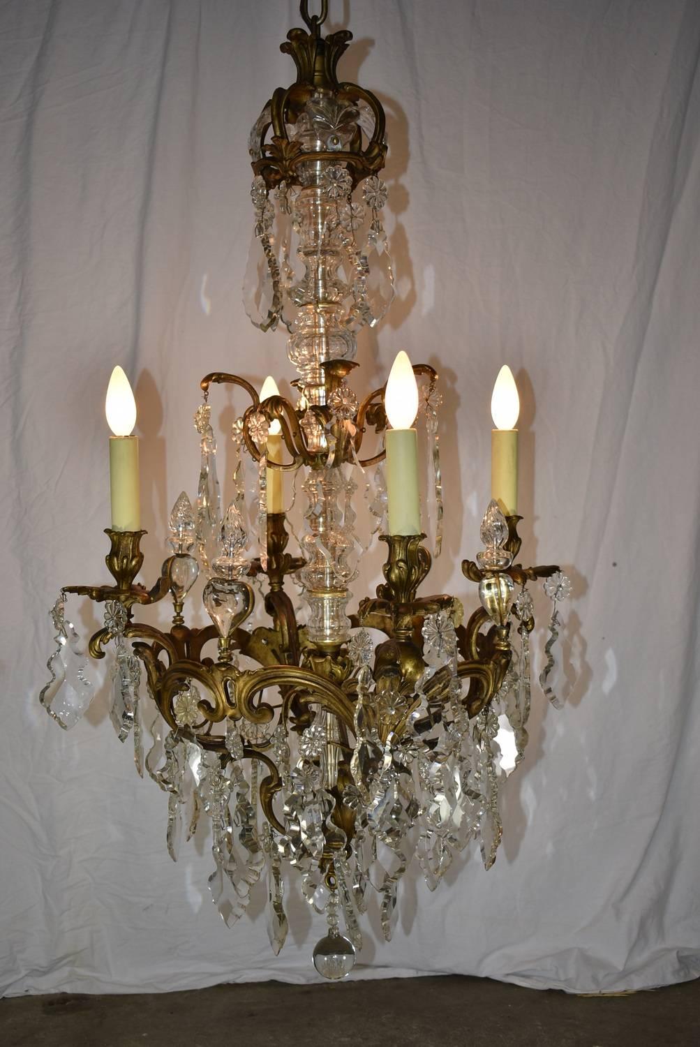 20th Century Large French Bronze Four-Arm Chandelier with Large Shaped Cut Crystals For Sale