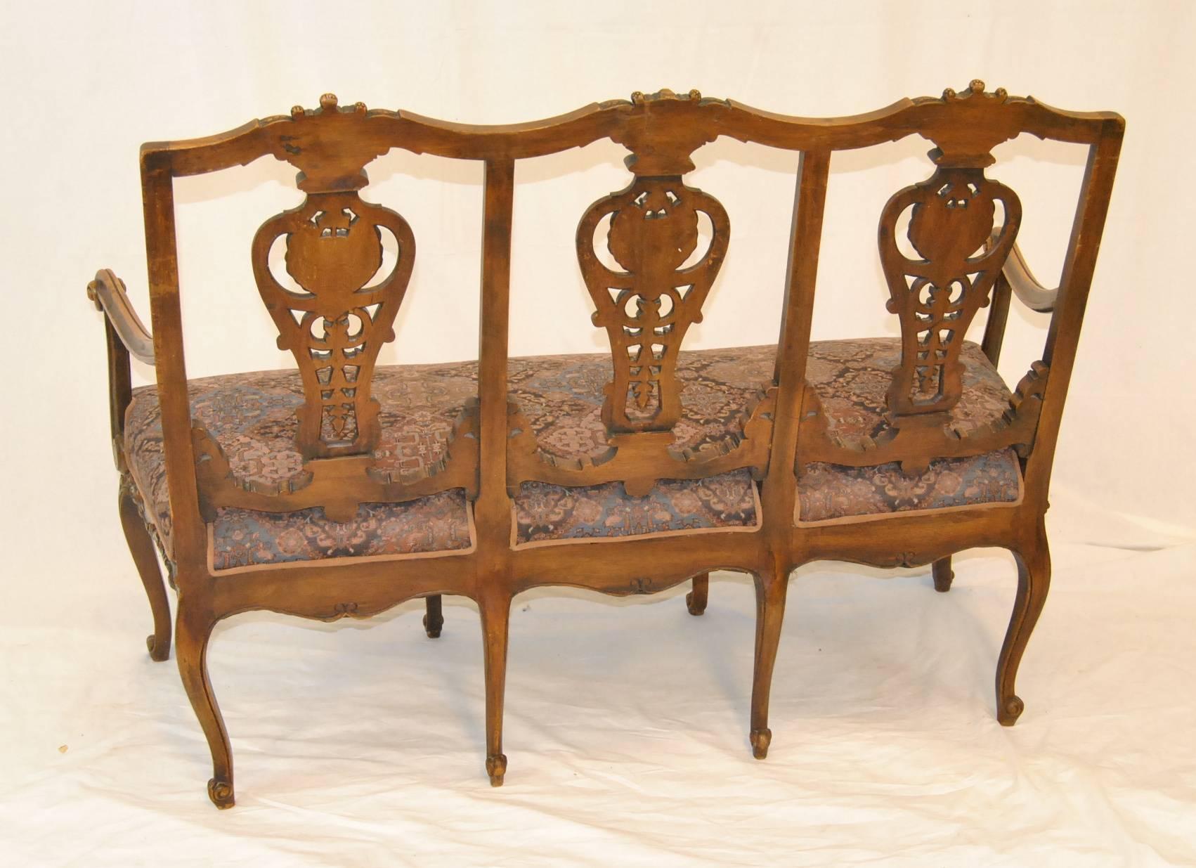 19th Century French Chippendale Carved Pearwood Bench Settee