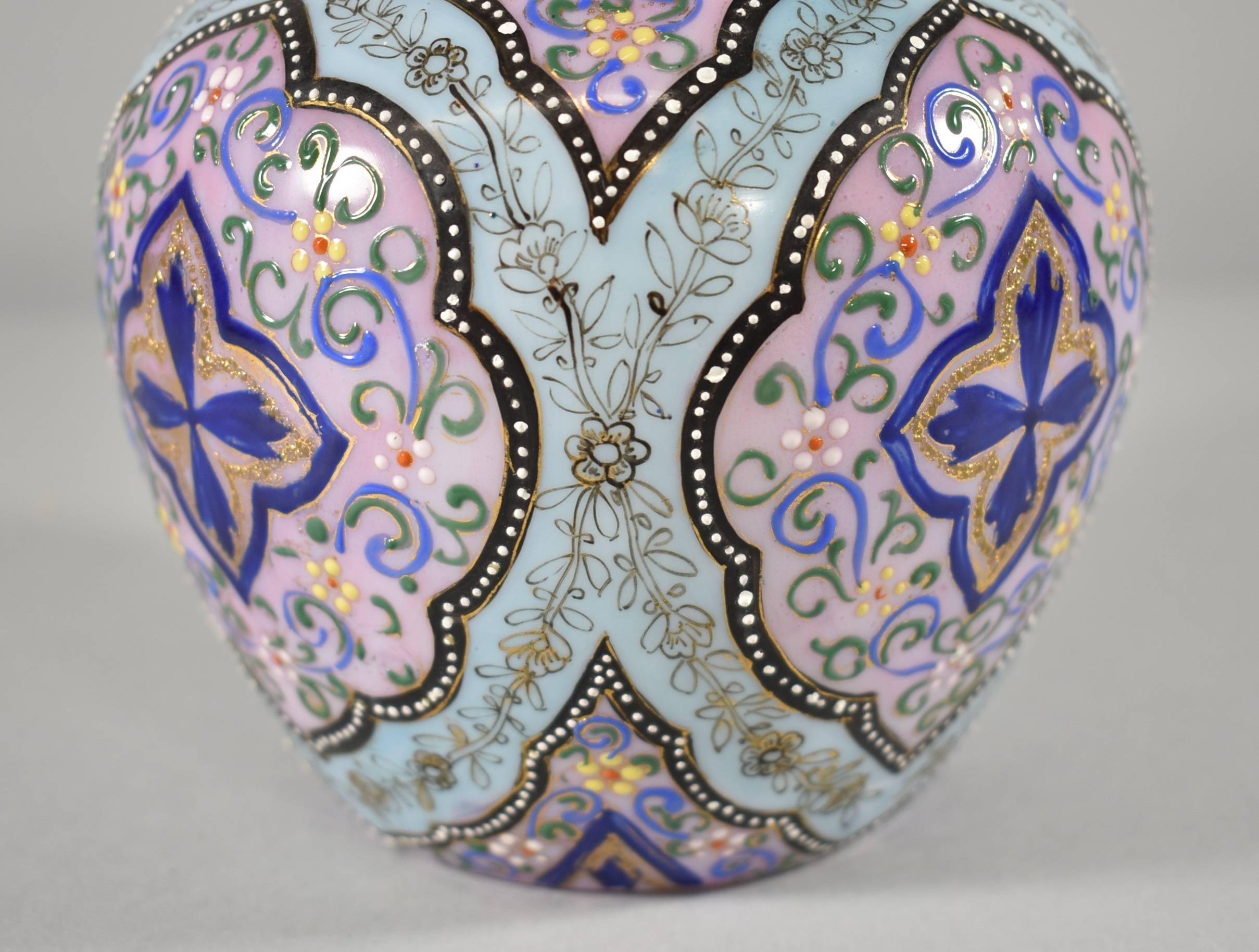 Webb Orientalist Persian Enameled Art Glass Vase, Moroccan Pattern 1