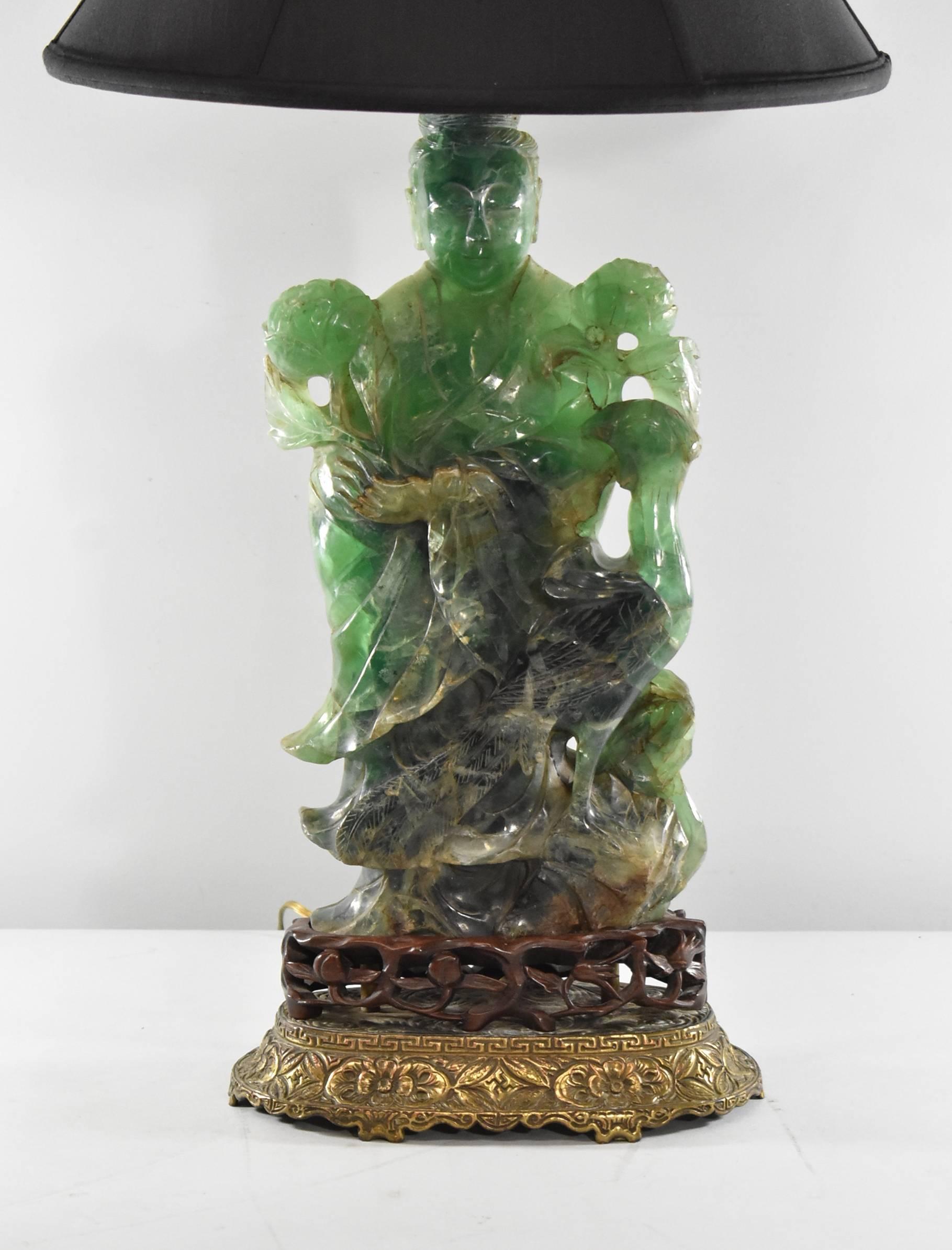 Carved Green Quartz Lamp with Statue of Quan Yin with Peacock In Good Condition In Toledo, OH